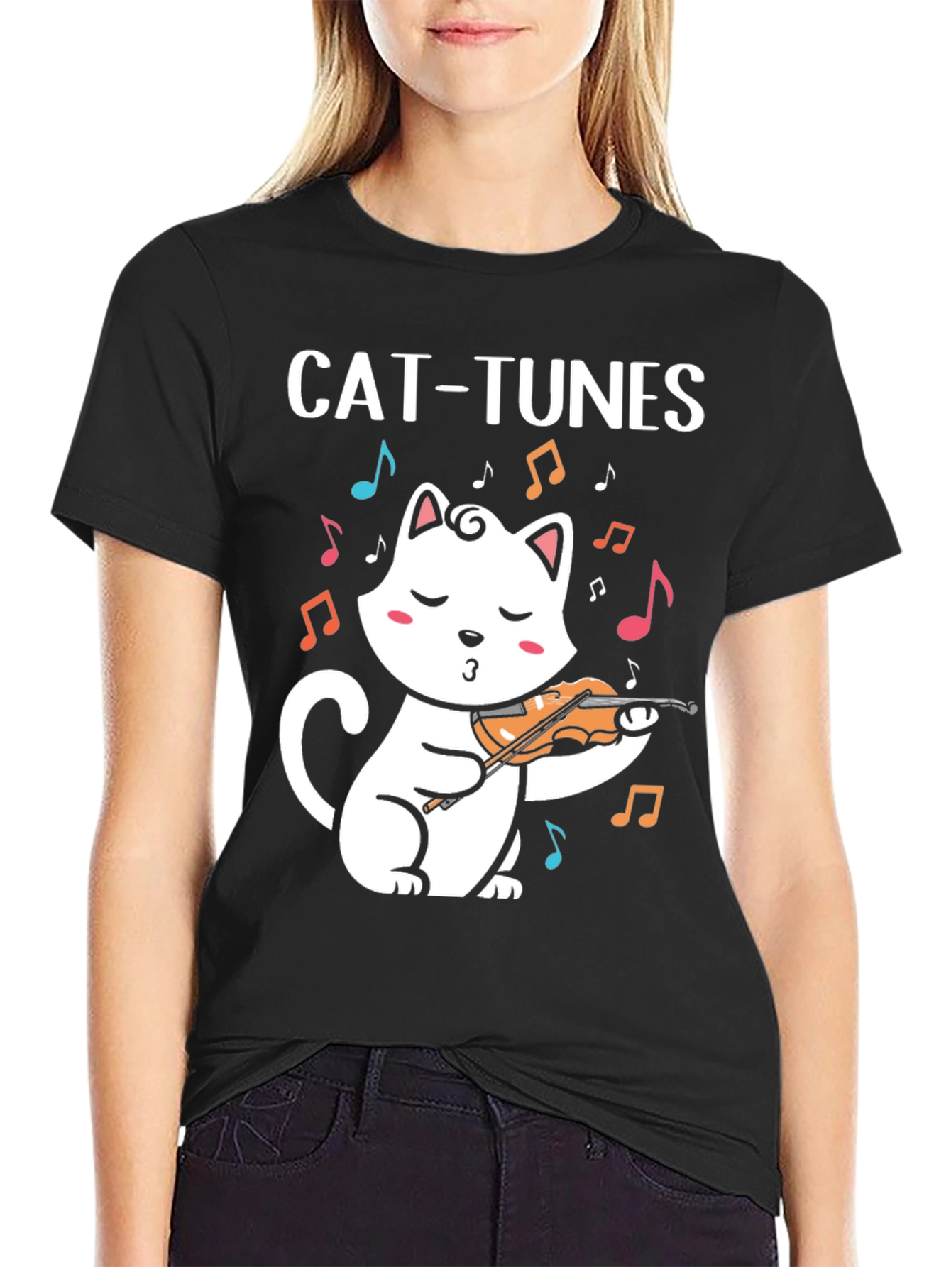 Camiseta Negra Cat-Tunes para Amantes de la Música y Gatos