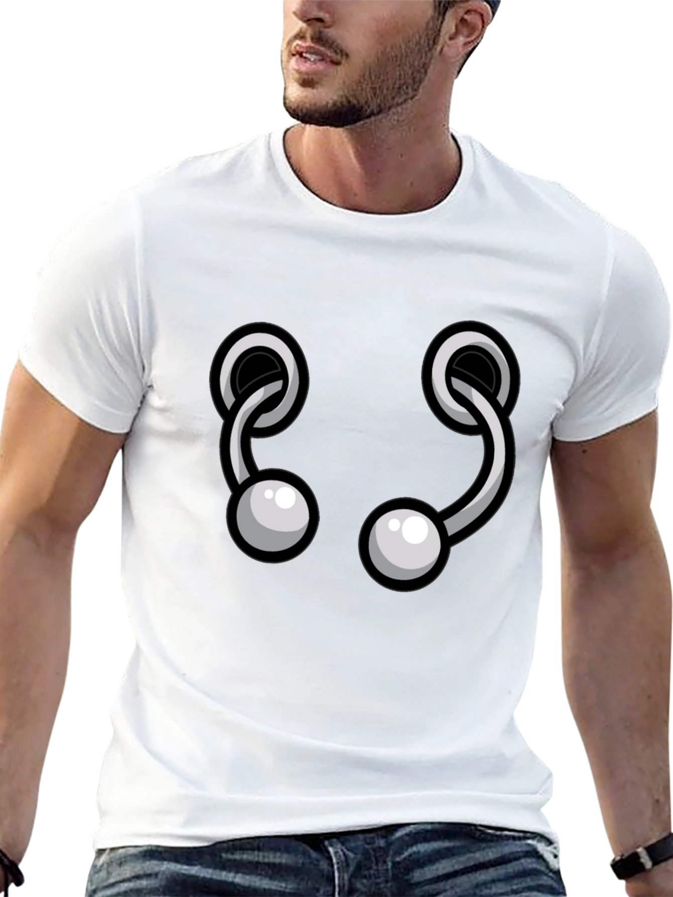 Camiseta Negra con Diseño de Aros y Bolas Grises