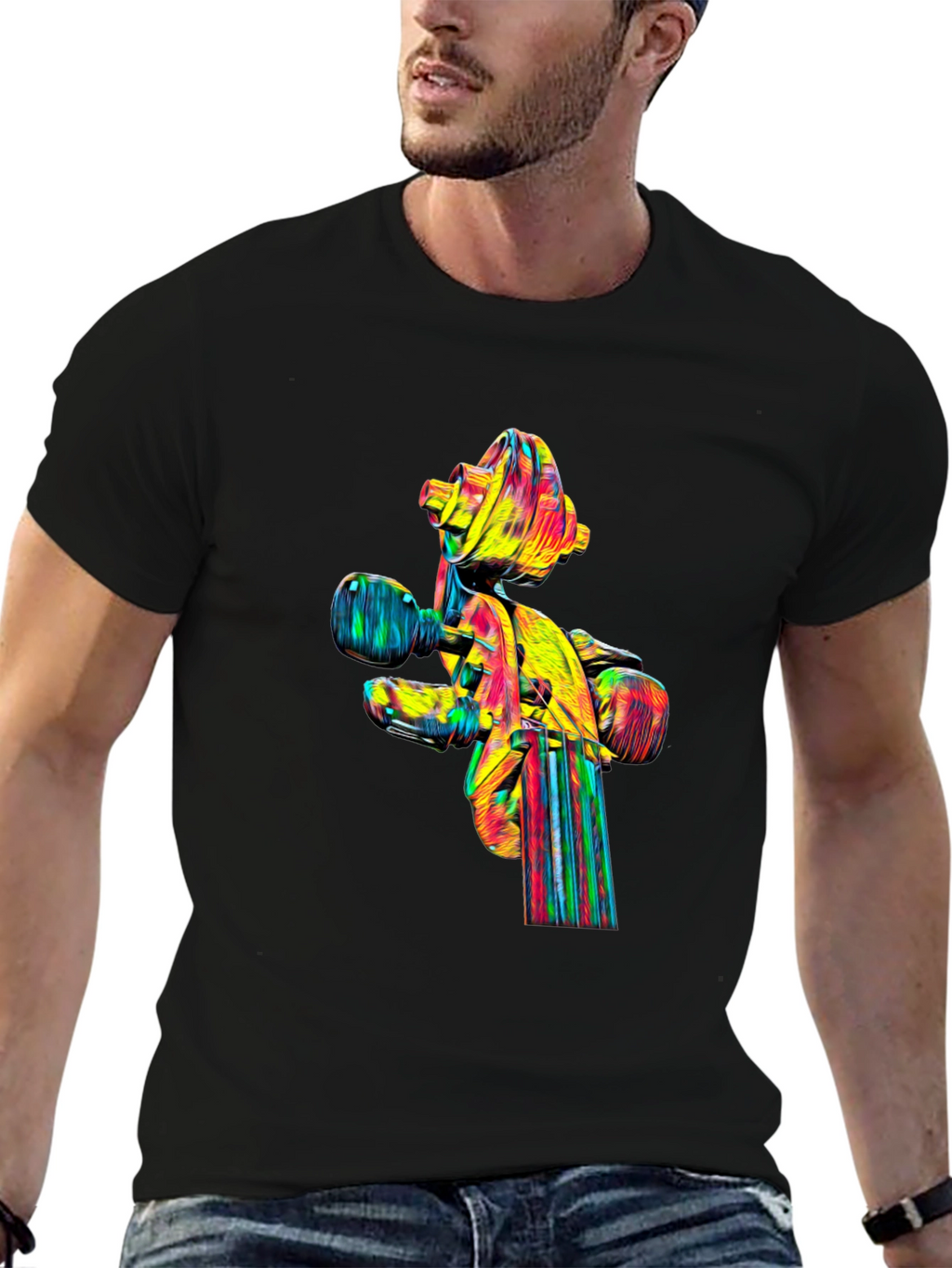 Camiseta Negra con Diseño Abstracto de Violín