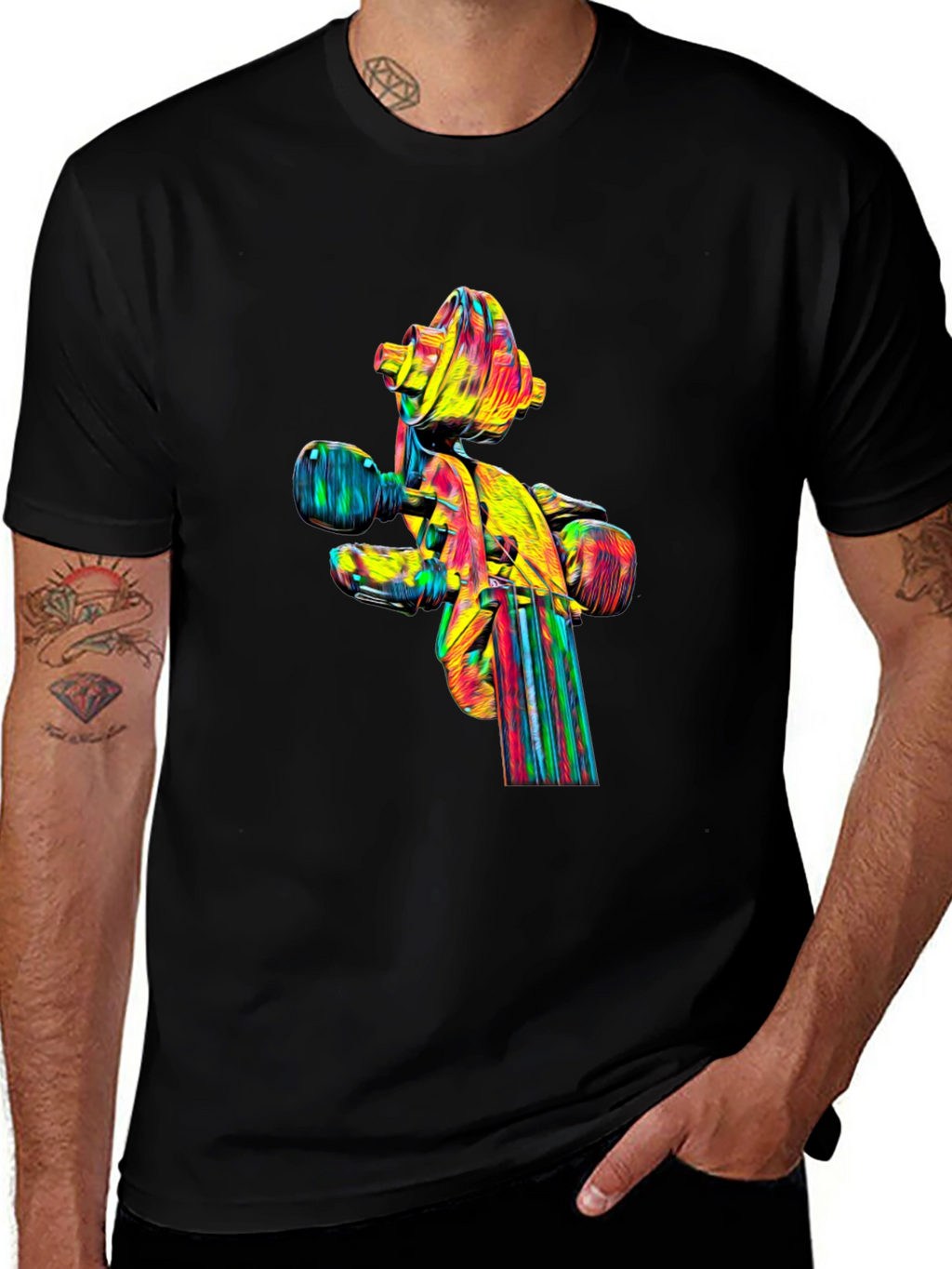 Camiseta Negra con Diseño Abstracto de Violín