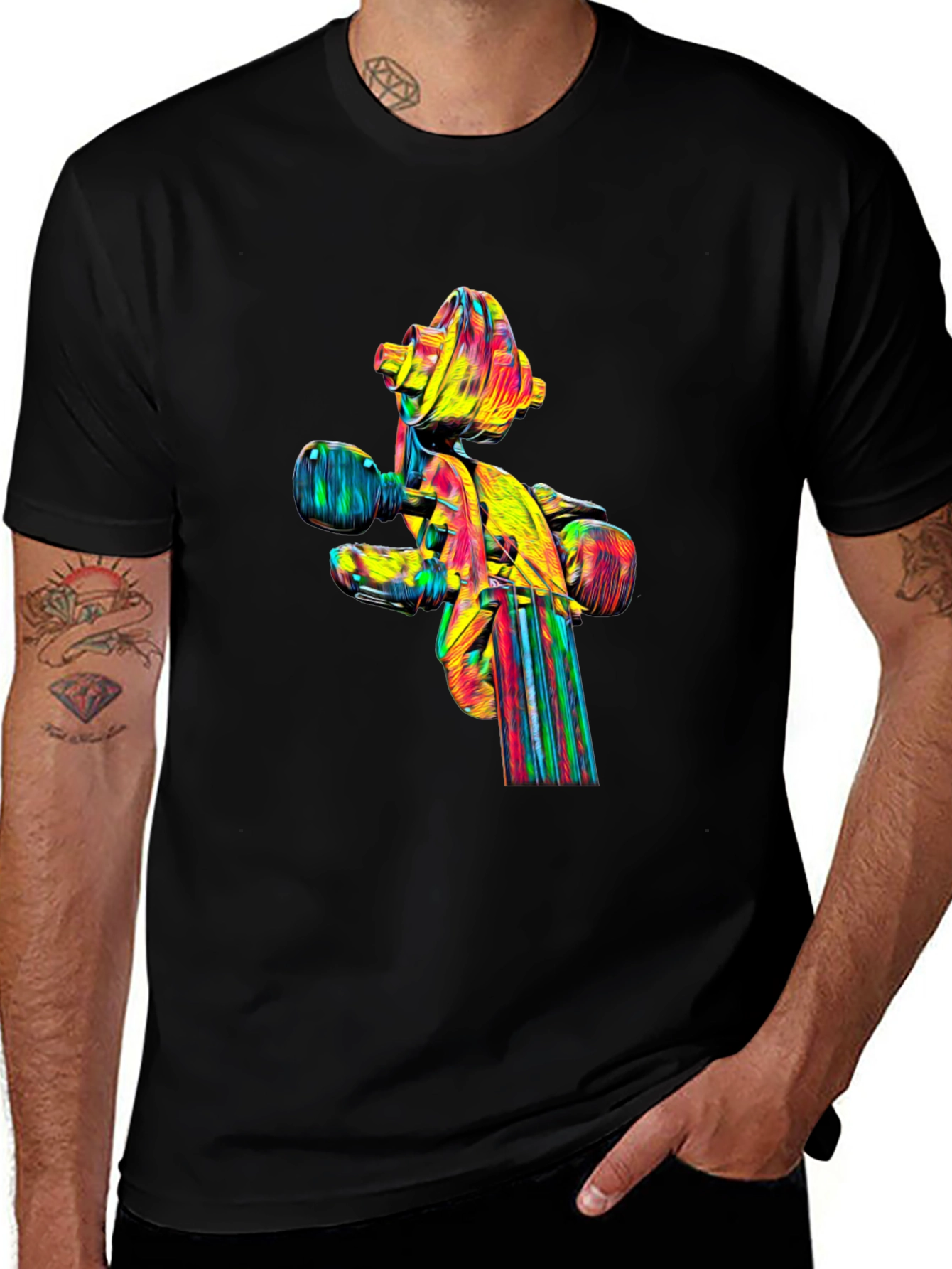 Camiseta Negra con Diseño Abstracto de Violín