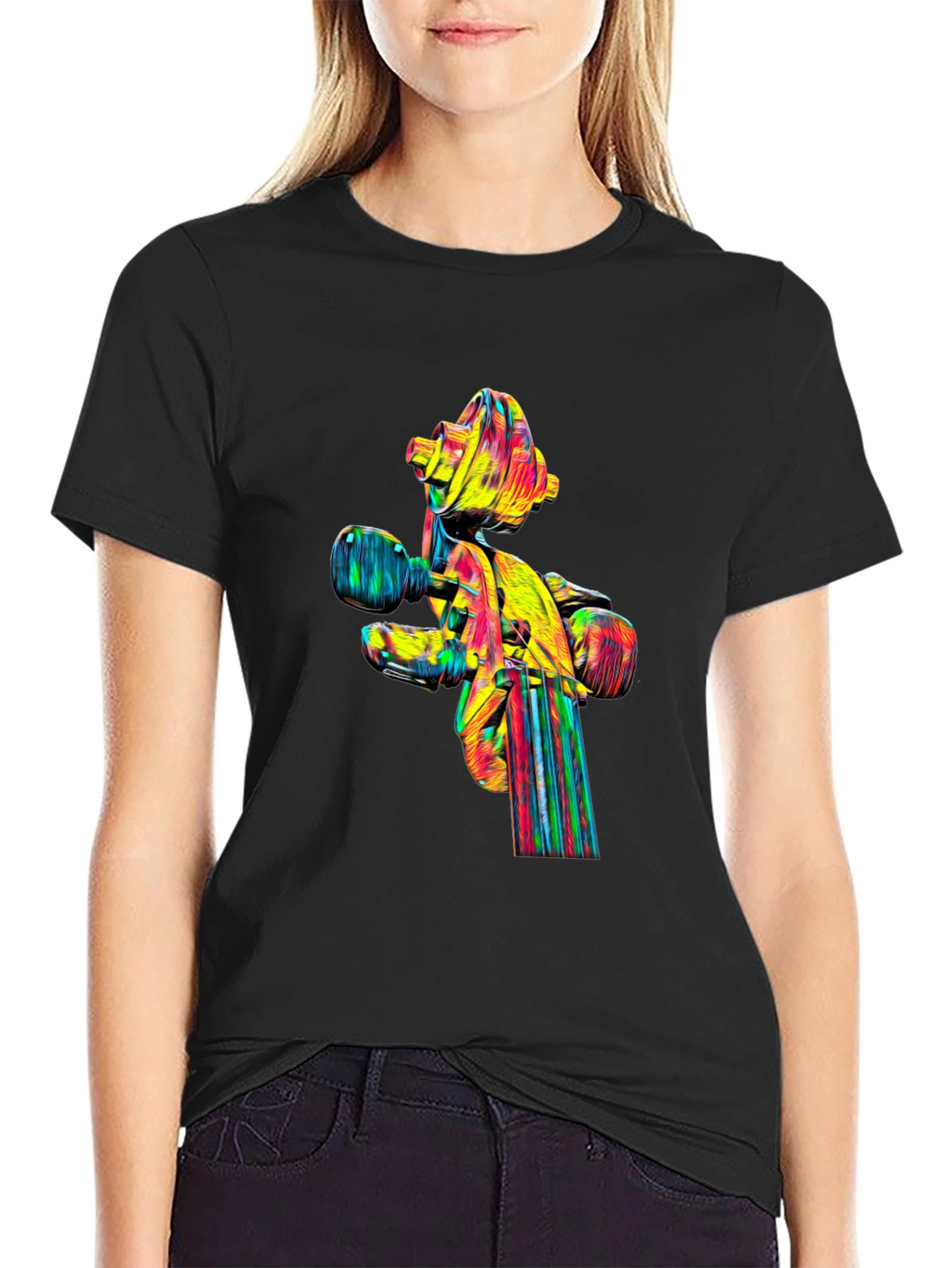 Camiseta Negra con Diseño Abstracto de Violín