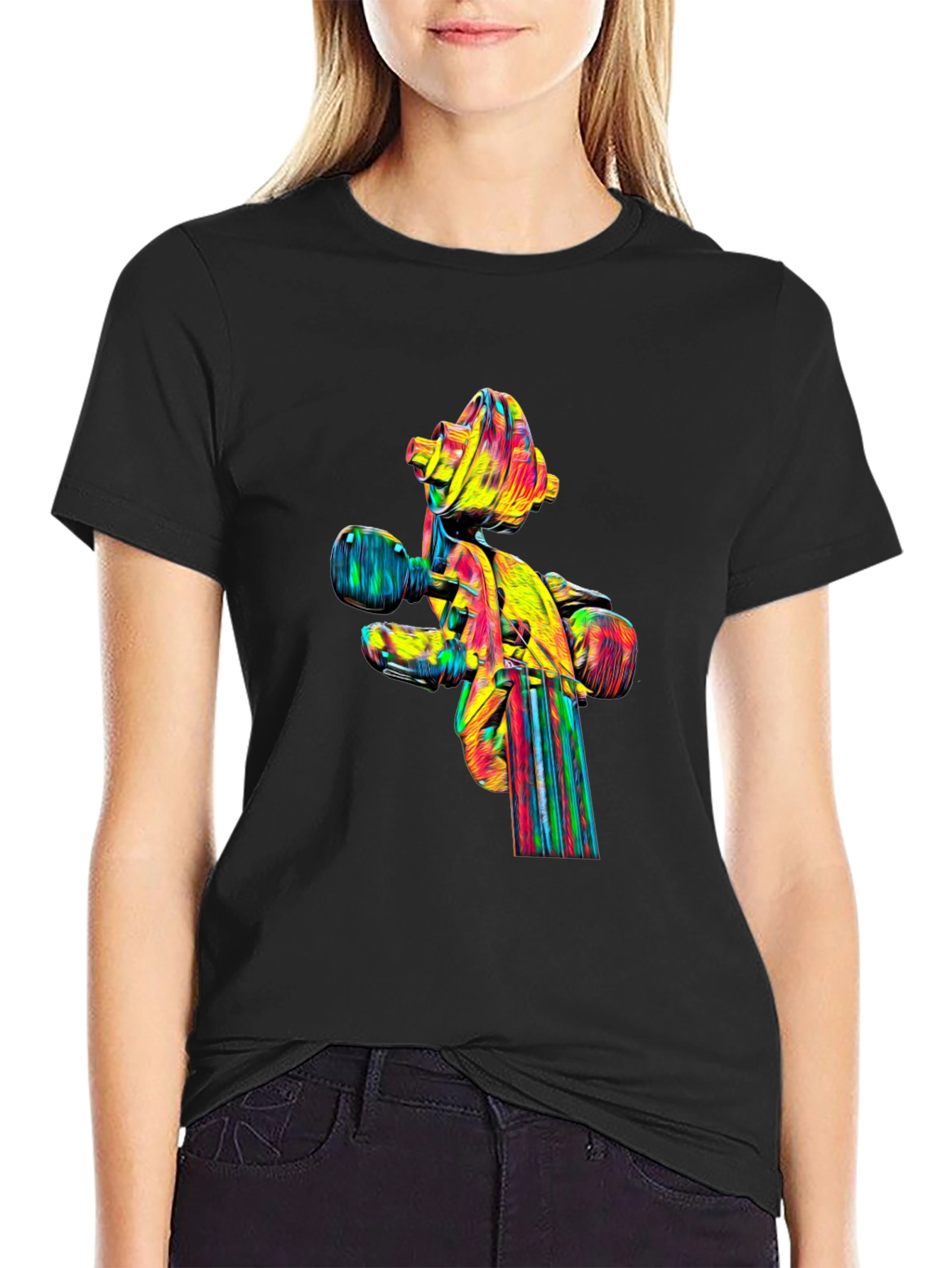 Camiseta Negra con Diseño Abstracto de Violín