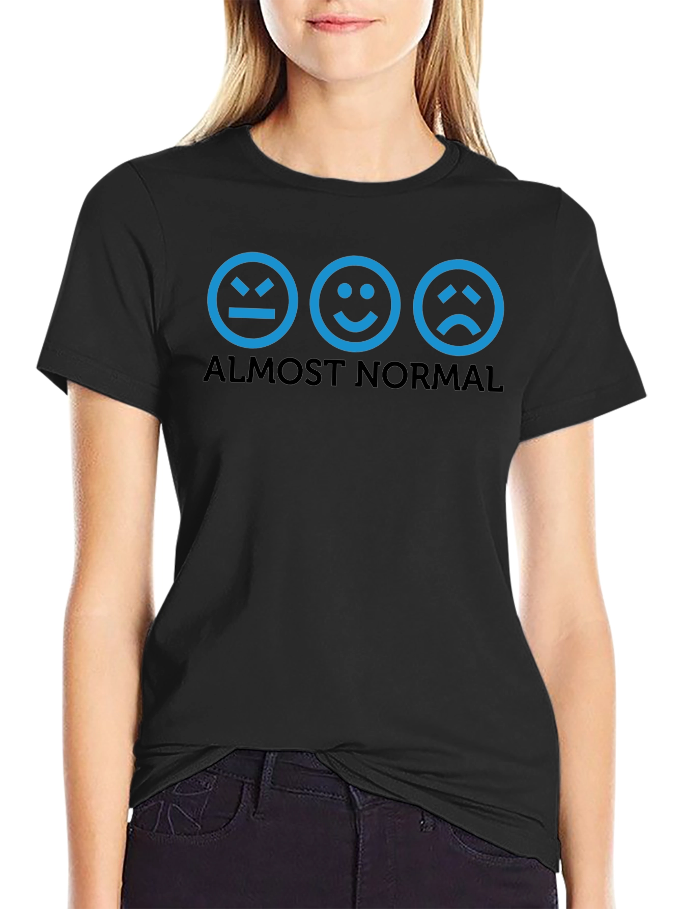 Camiseta Negra Almost Normal con Emoticonos Azules