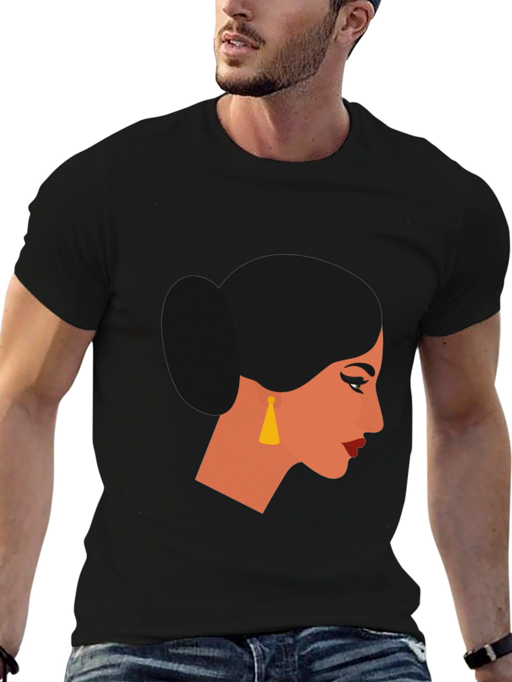 Camiseta Negra con Diseño de Perfil Femenino