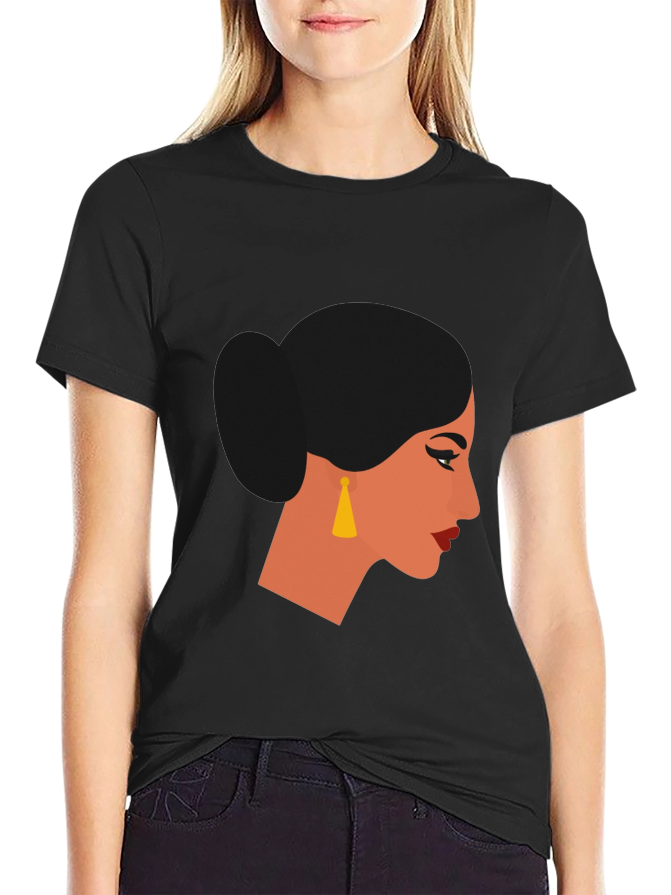 Camiseta Negra con Diseño de Perfil Femenino