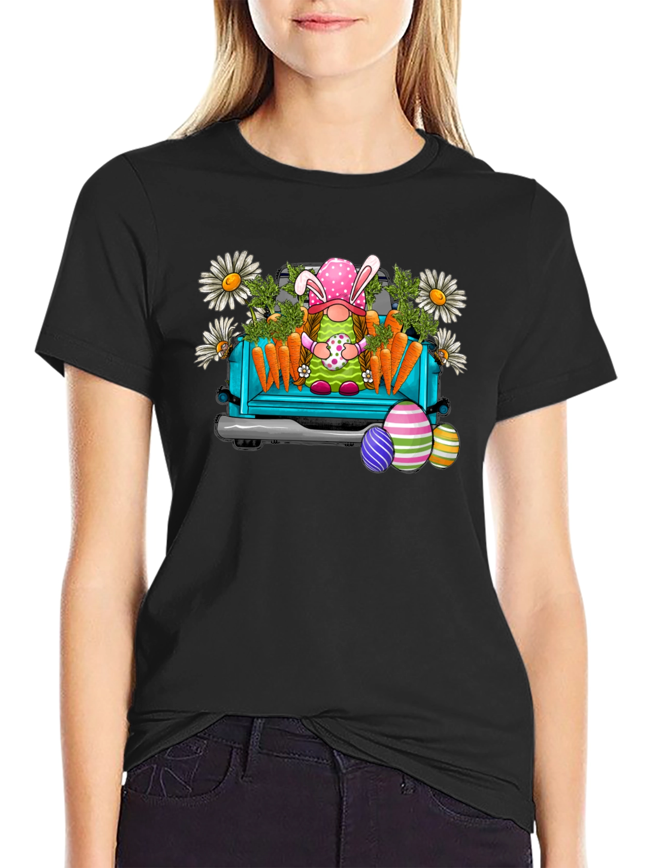 Camiseta Negra con Diseño de Gnomo de Pascua