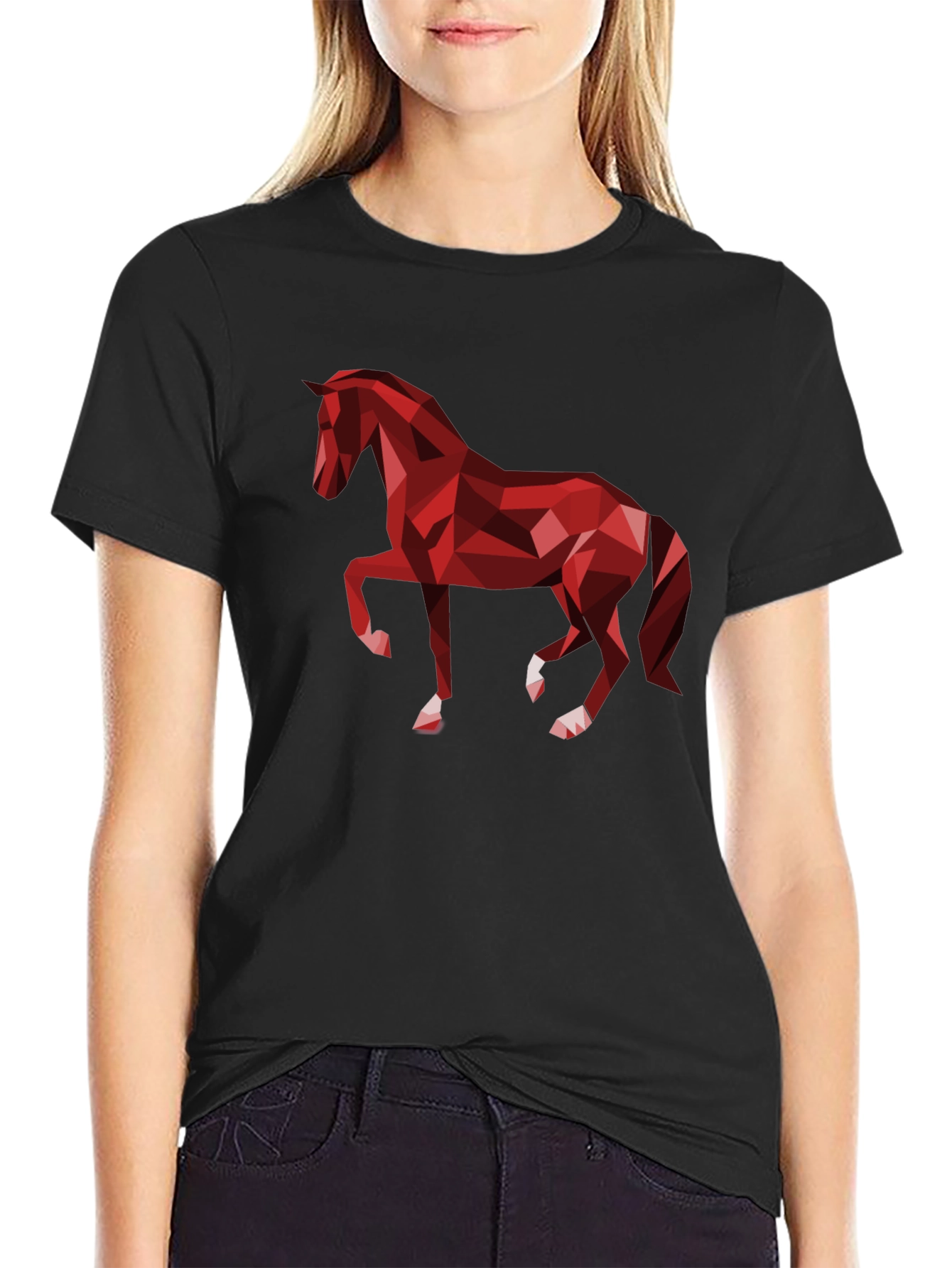 Camiseta Negra con Diseño de Caballo Geométrico Rojo