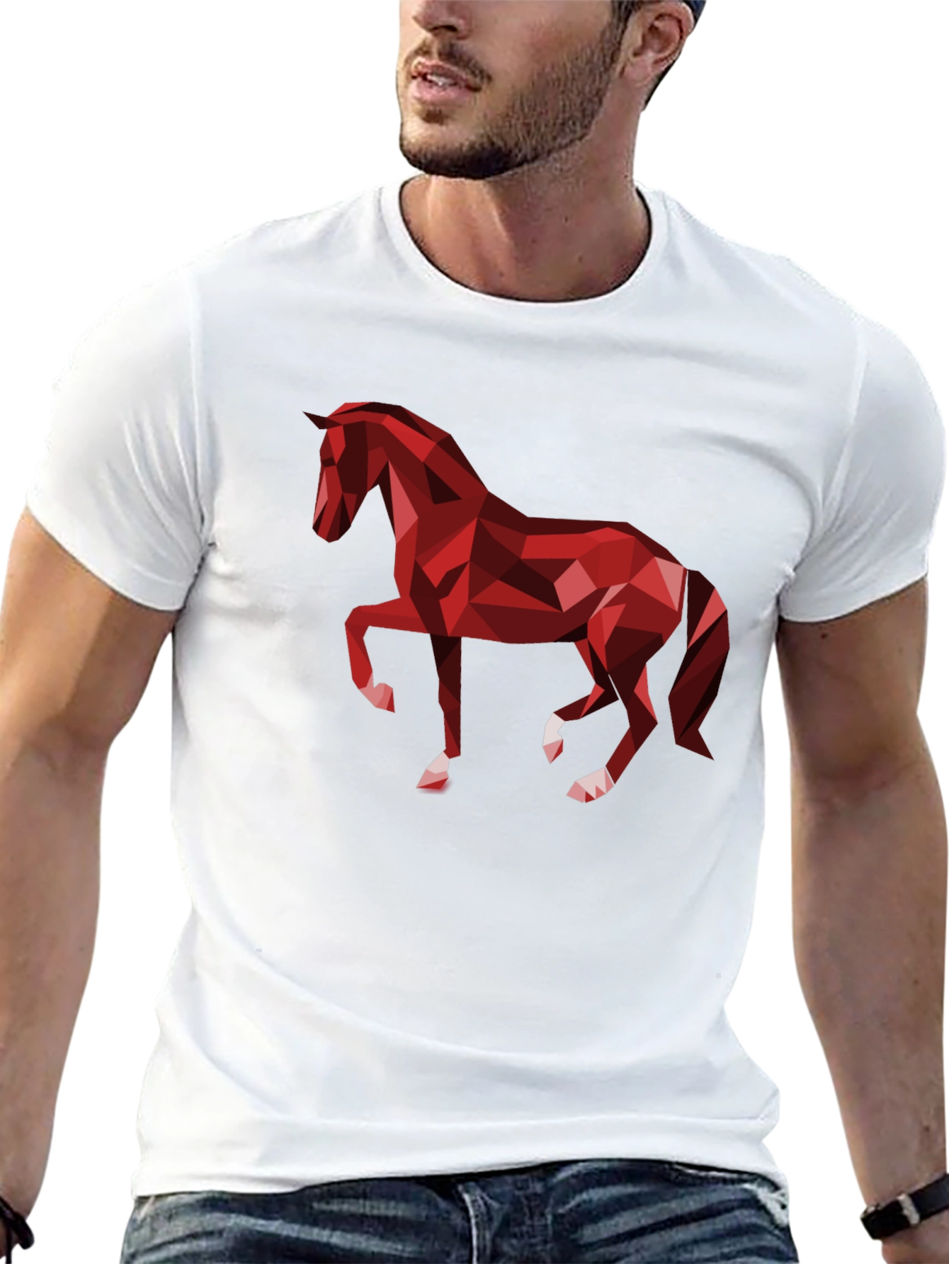 Camiseta Negra con Diseño de Caballo Geométrico Rojo