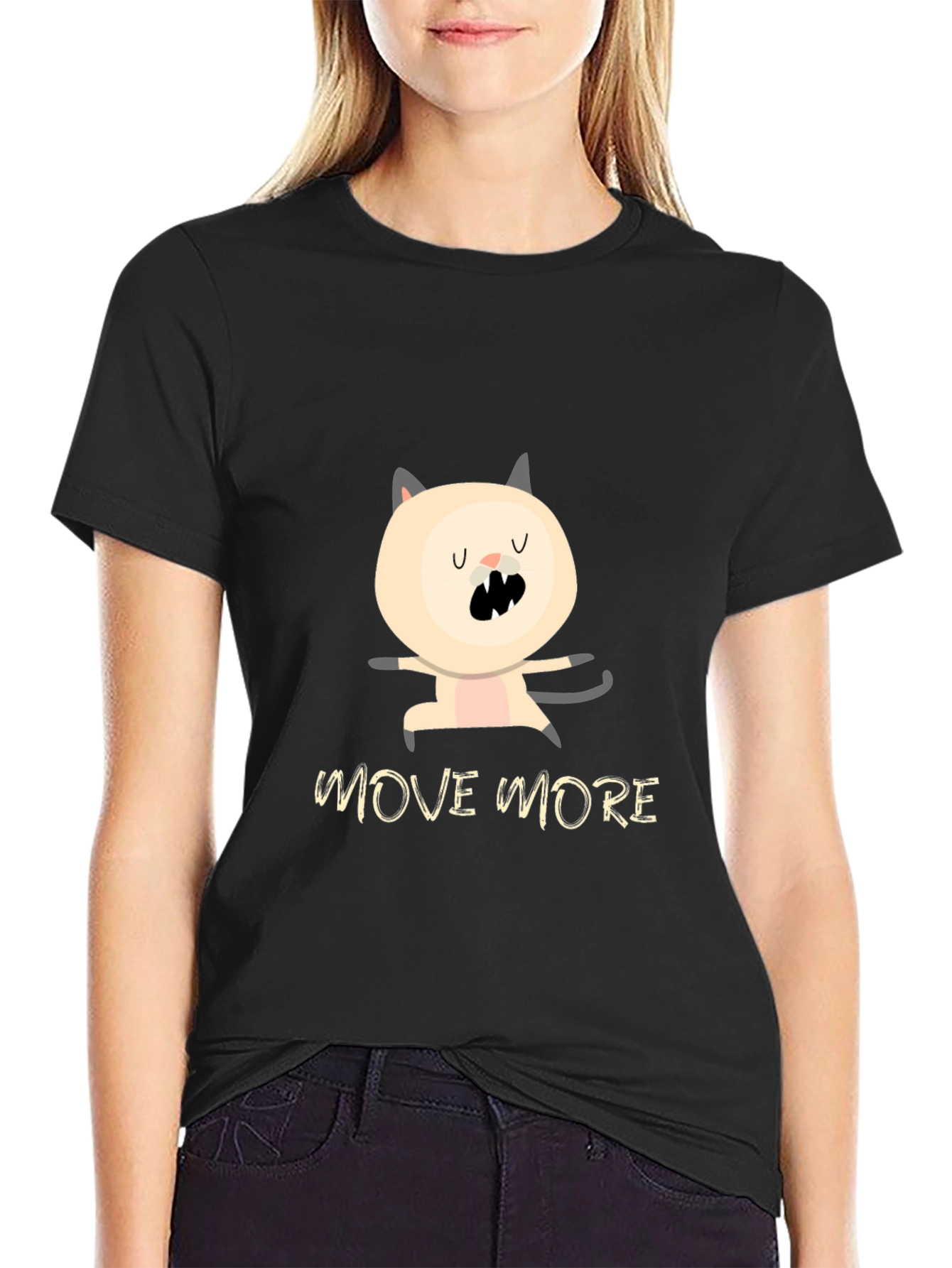 Camiseta Negra con Diseño de Gato Bailarín - ¡Muévete Más!