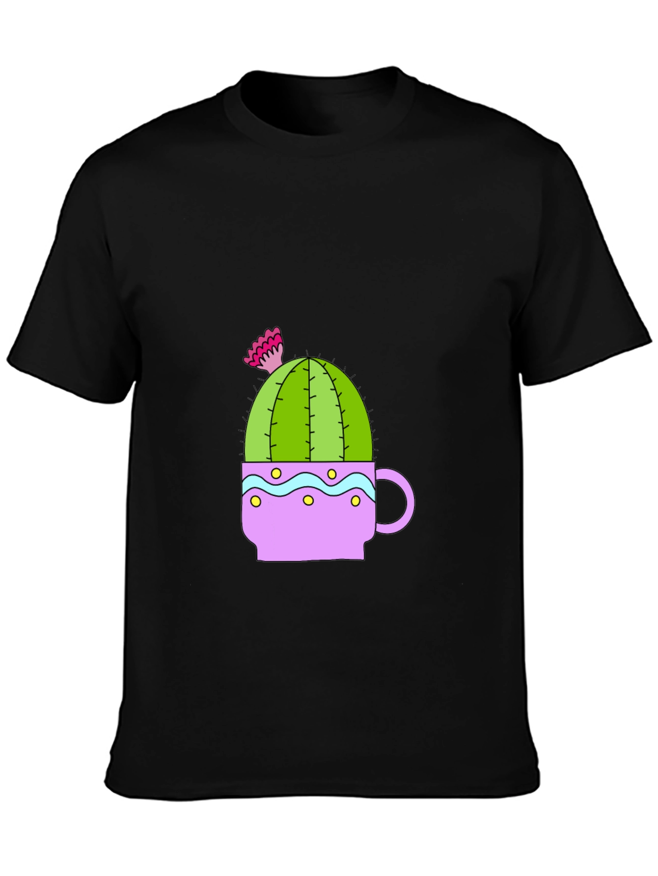 Camiseta Negra con Diseño de Cactus en Taza