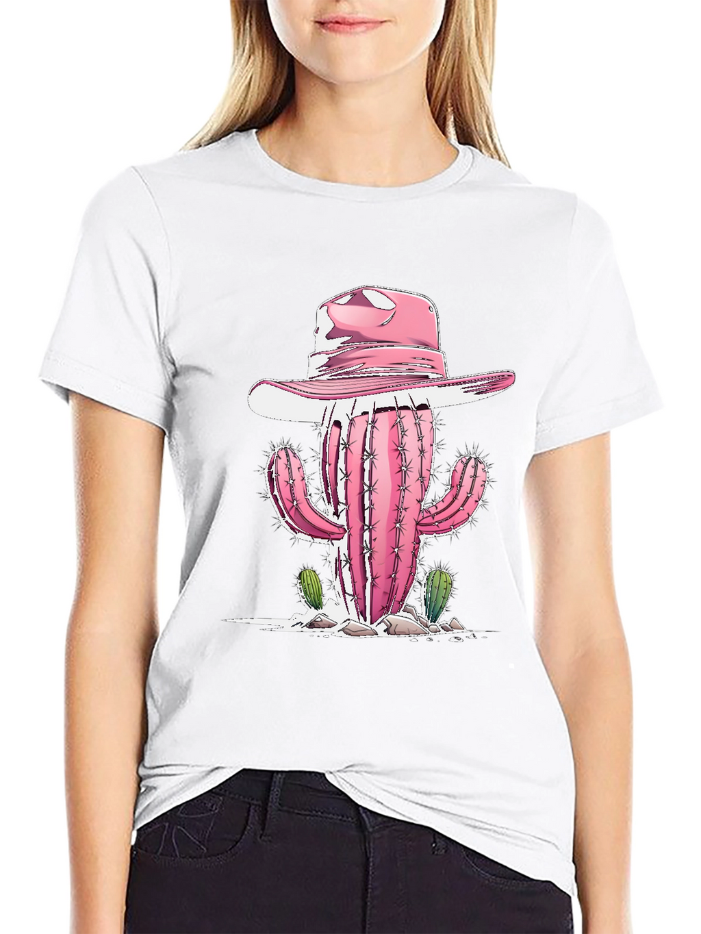 Camiseta Negra con Cactus Vaquero Rosa