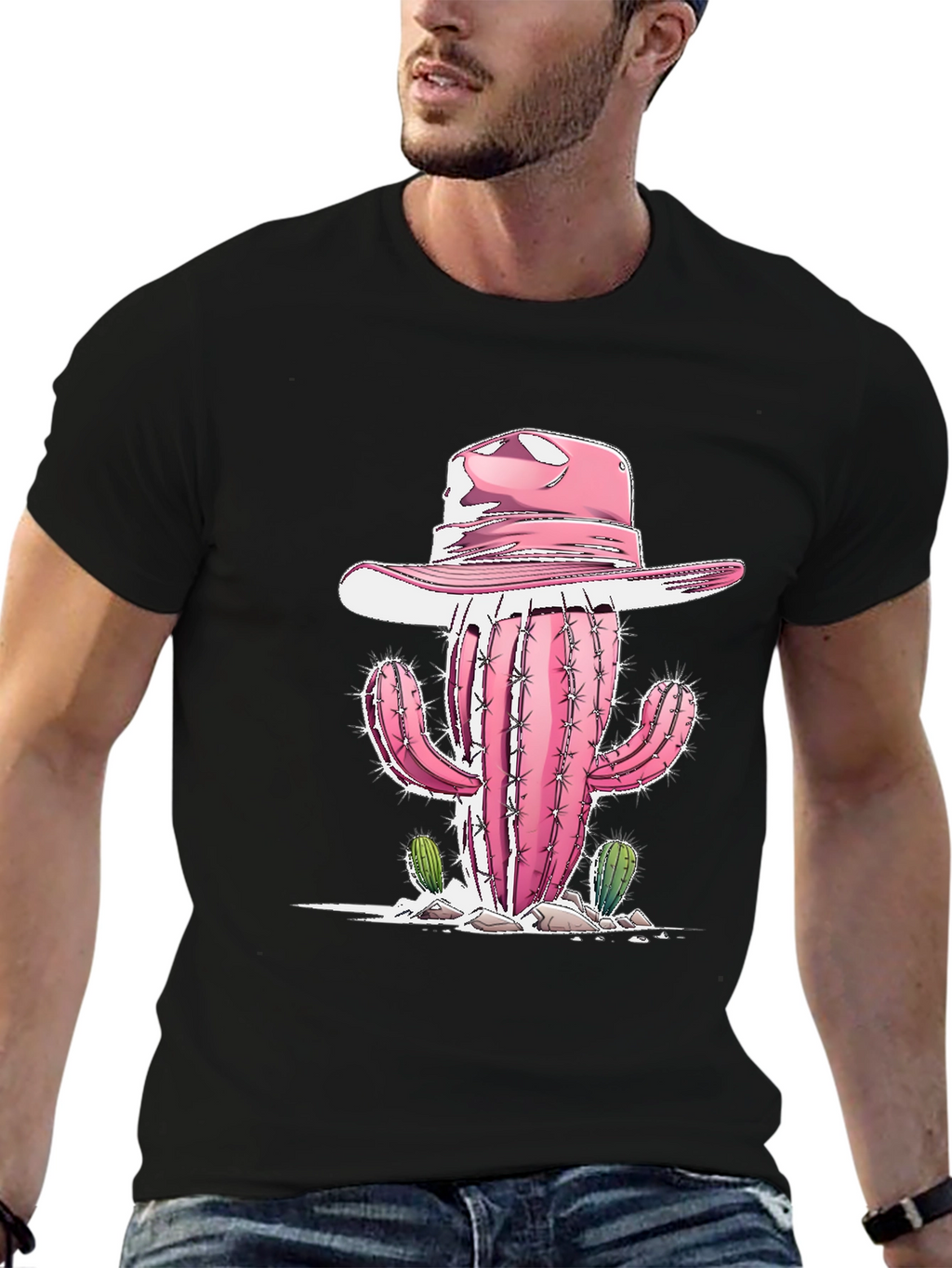 Camiseta Negra con Cactus Vaquero Rosa