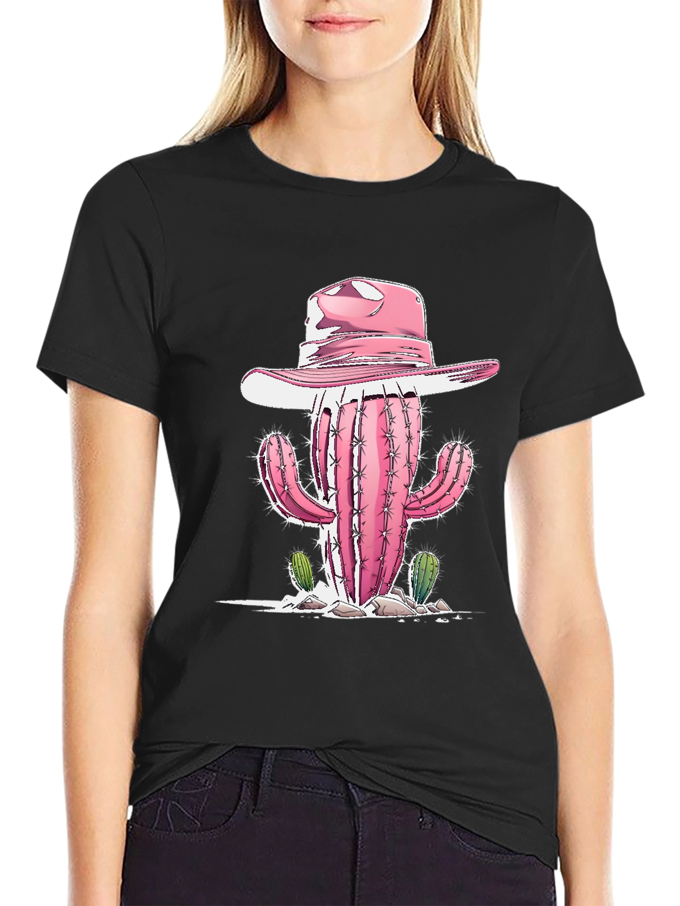 Camiseta Negra con Cactus Vaquero Rosa