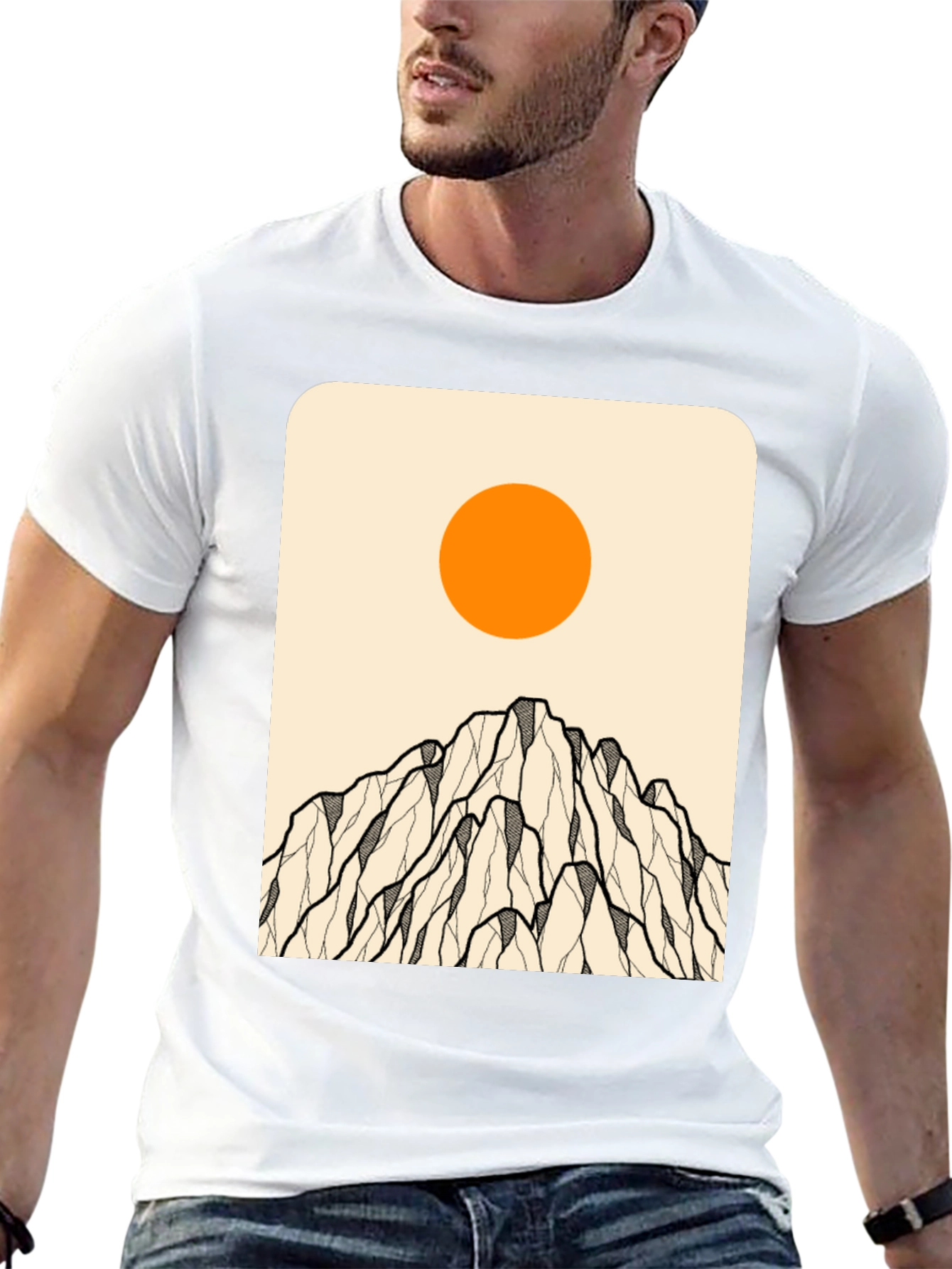 Camiseta Negra con Diseño de Montaña y Sol
