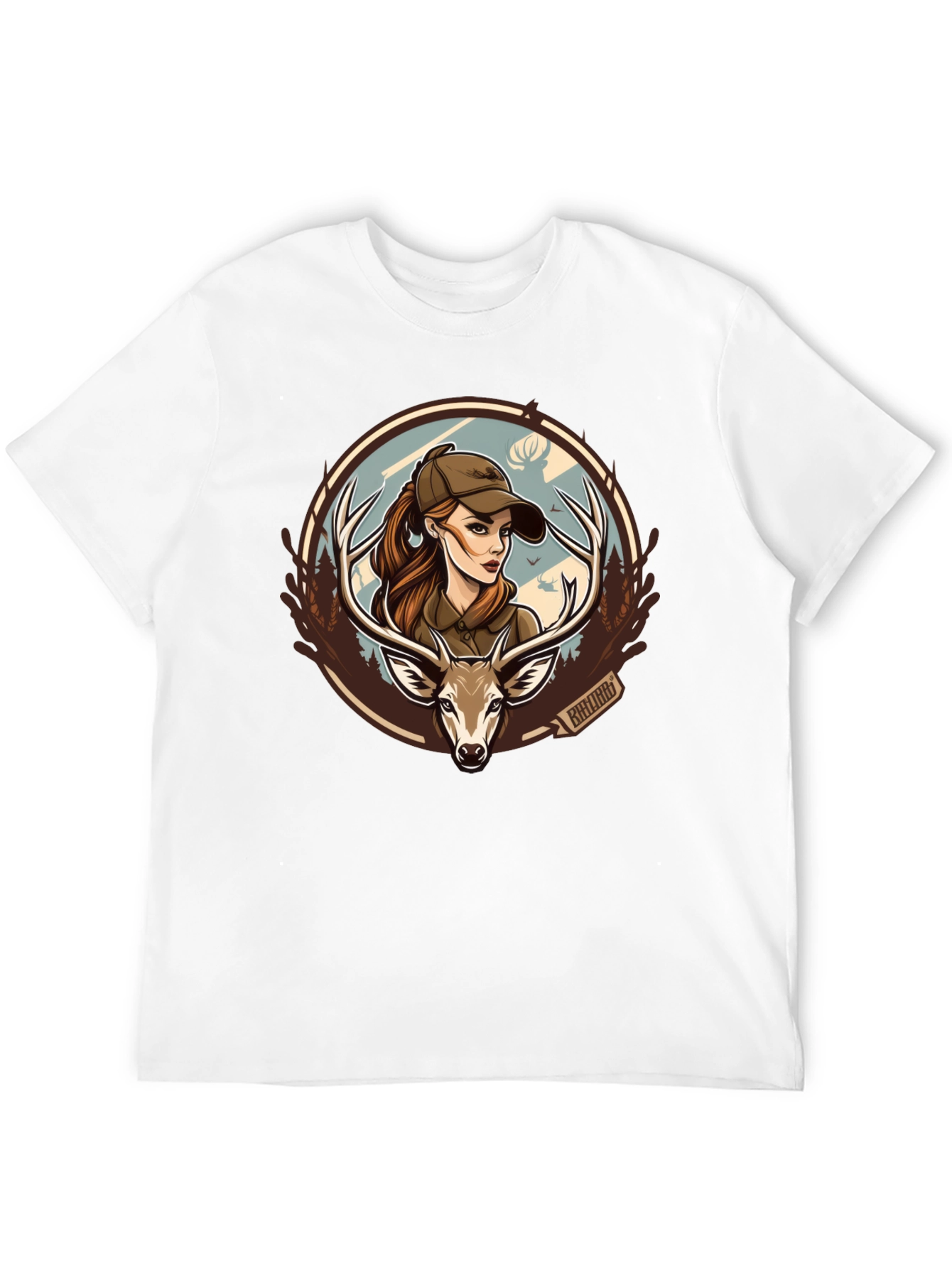 Camiseta Hombre Negra Diseño Cazadora y Ciervo