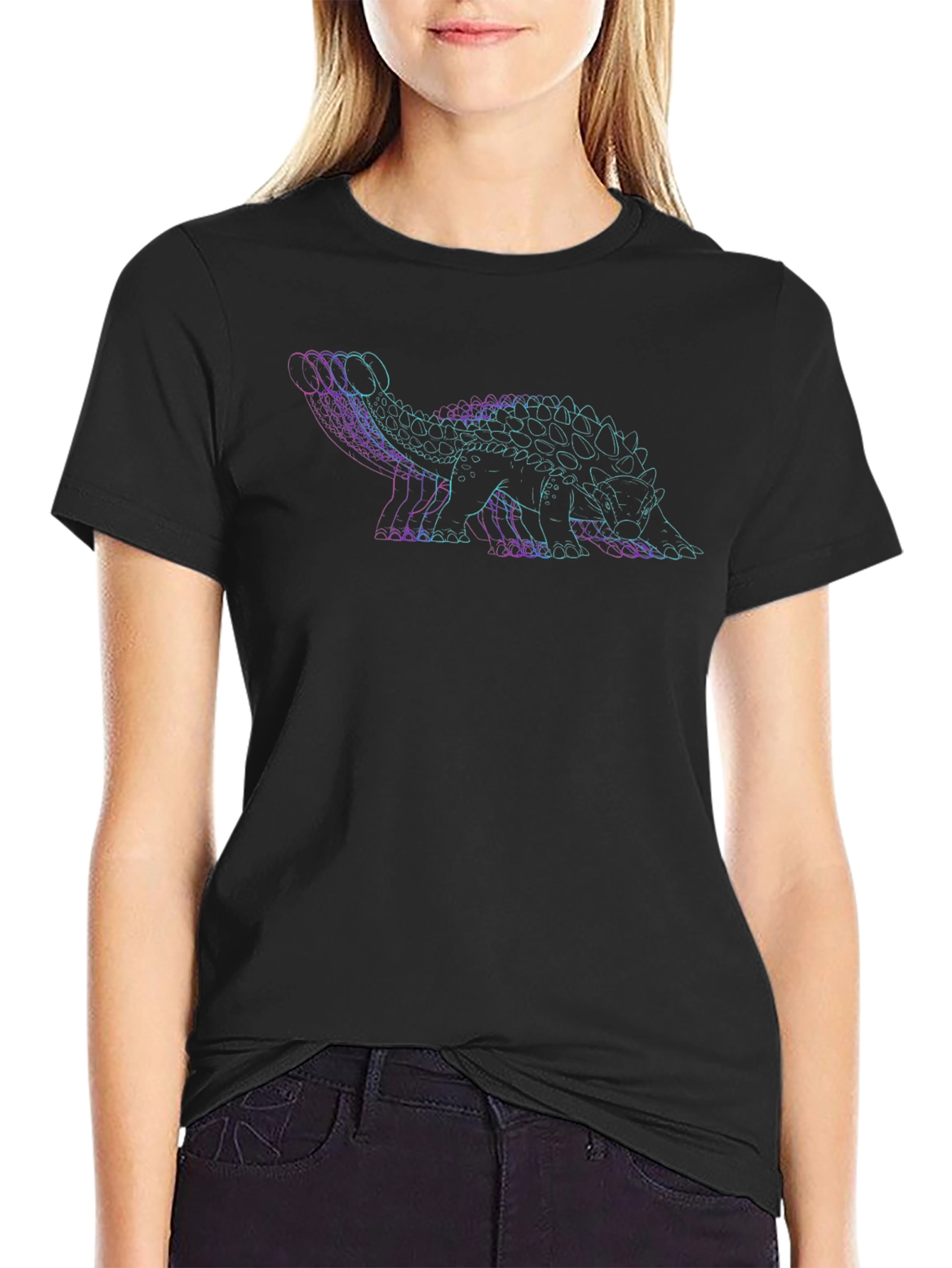 Camiseta Negra con Diseño de Dinosaurio Ankylosaurus Neon