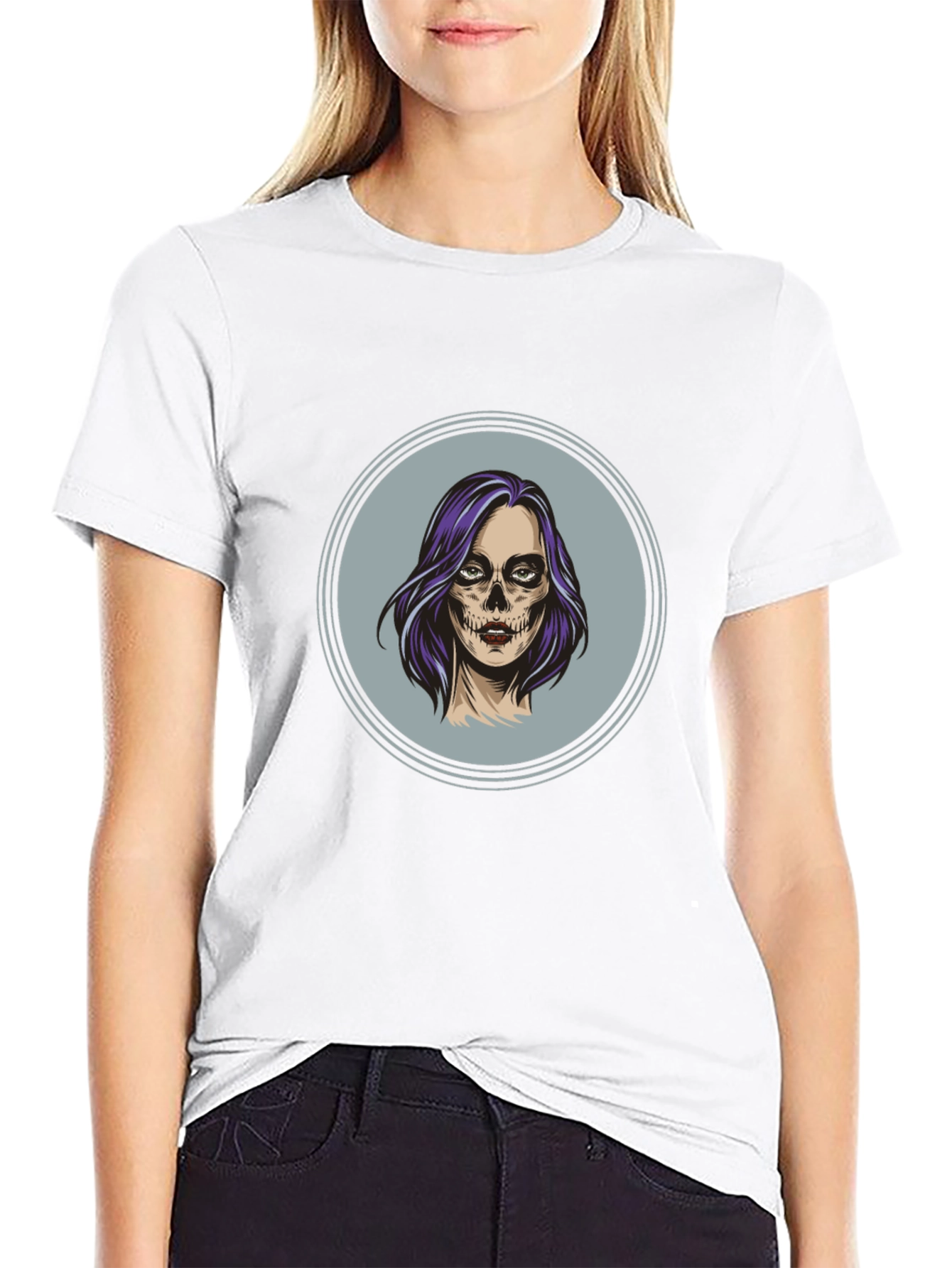 Camiseta Negra con Diseño de Calavera Mujer