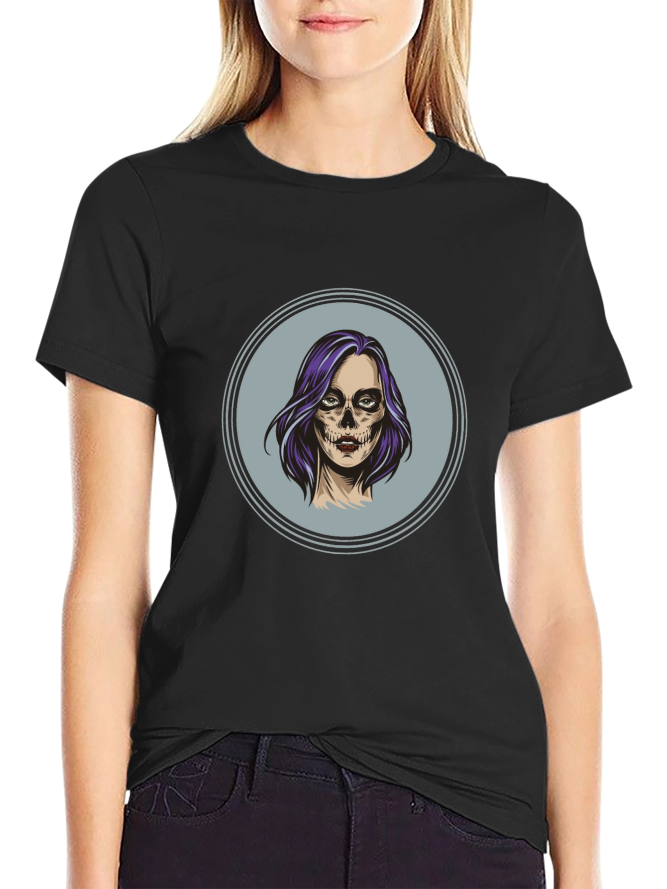 Camiseta Negra con Diseño de Calavera Mujer