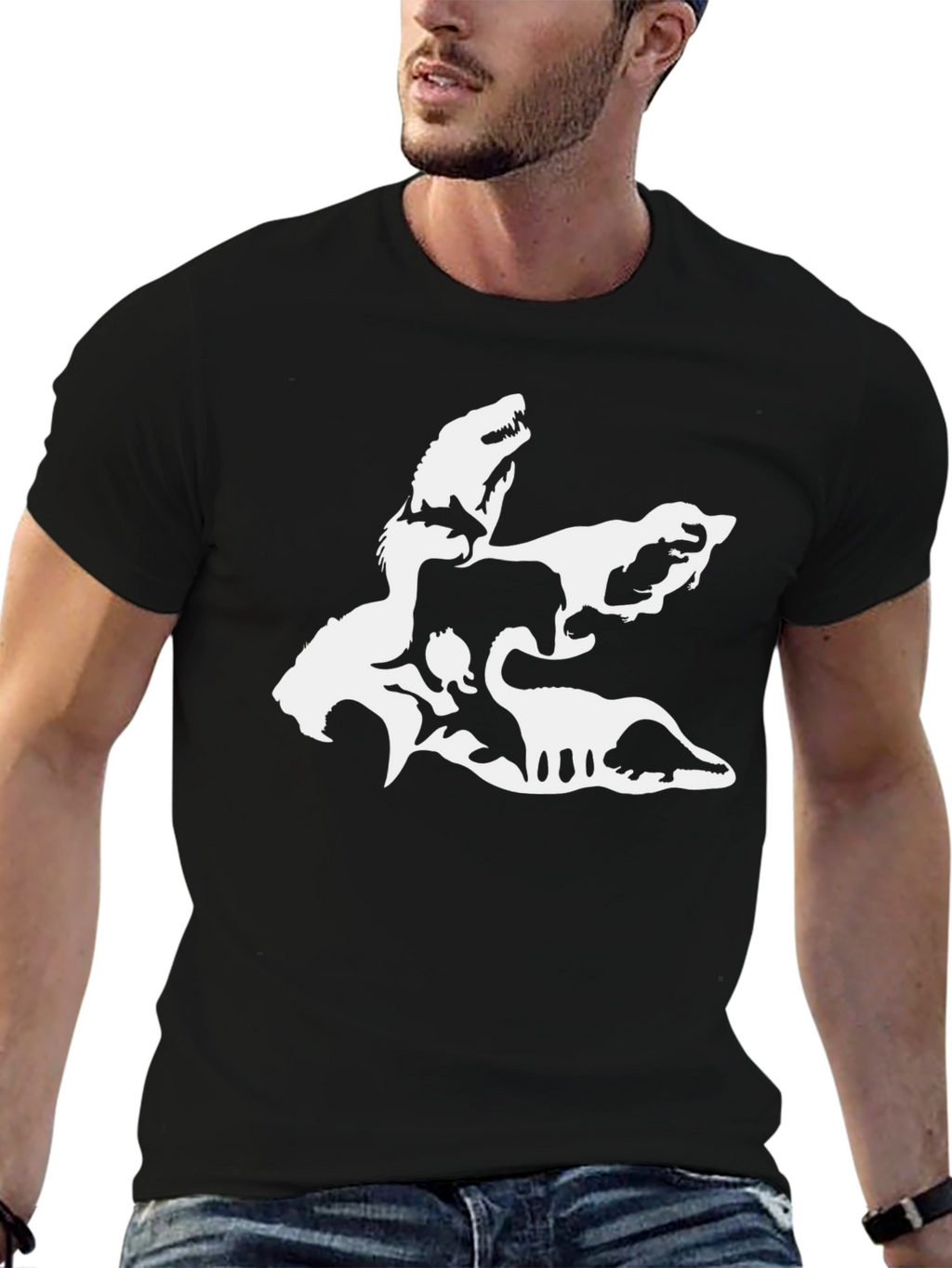 Camiseta Negra con Diseño de Dinosaurios