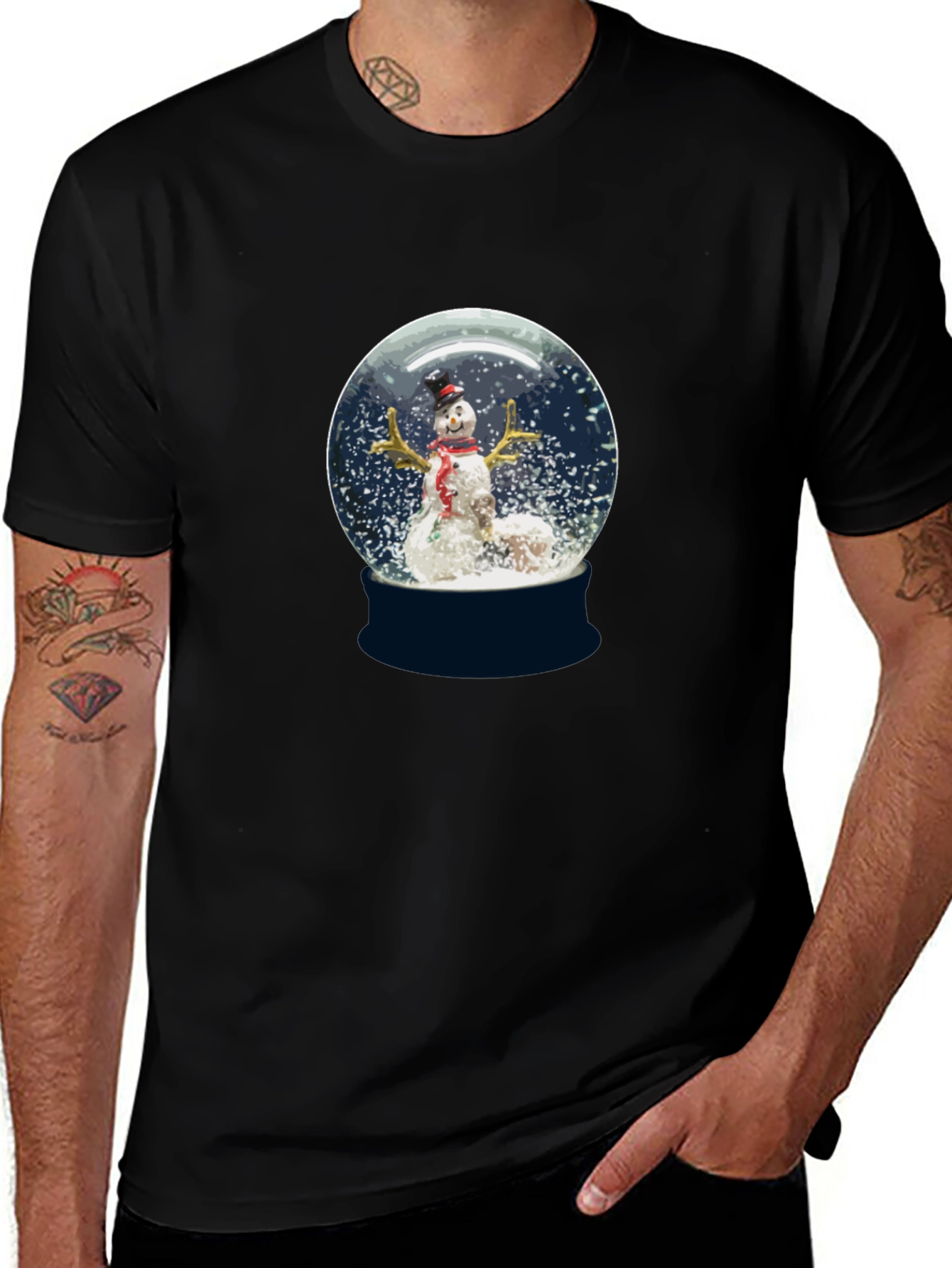 Camiseta Negra con Diseño de Globo de Nieve Navideño