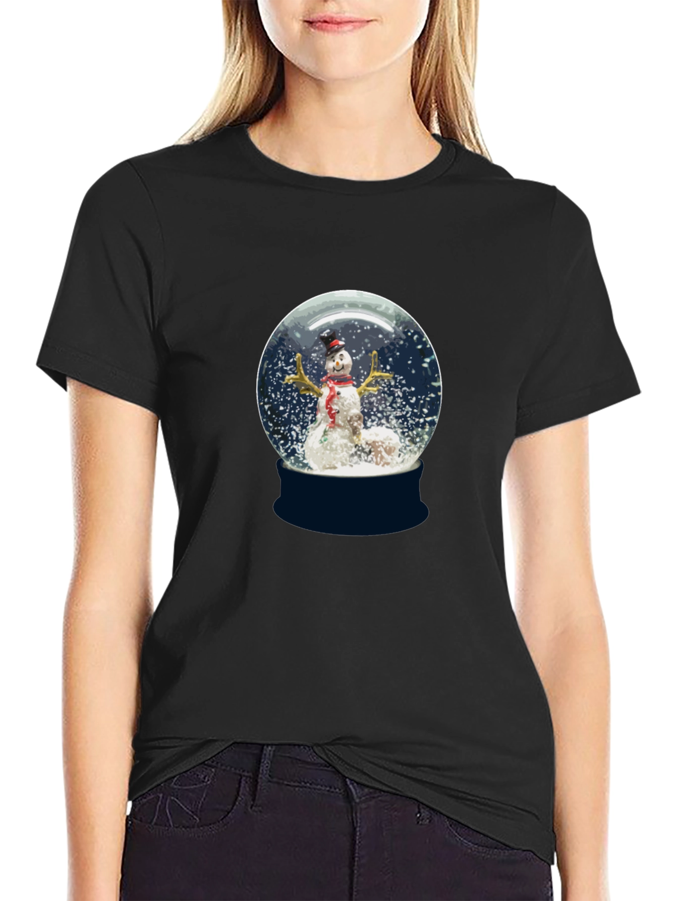 Camiseta Negra con Diseño de Globo de Nieve Navideño