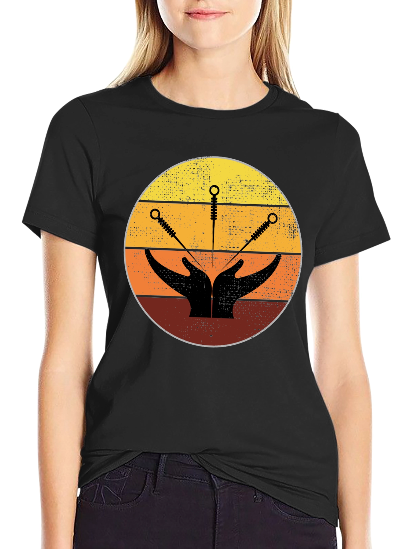 Camiseta Negra con Diseño de Acupuntura Vintage