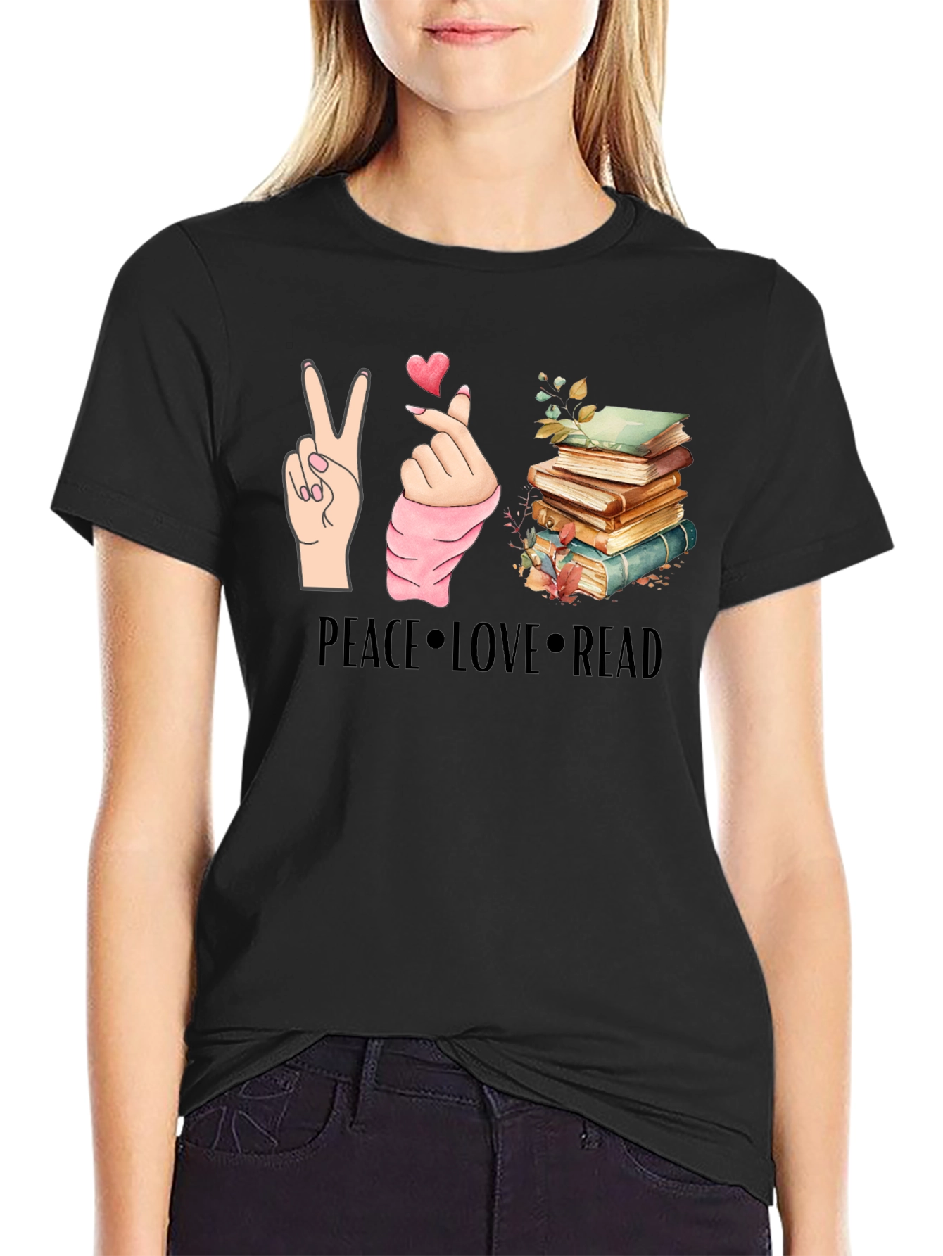 Camiseta Negra con Diseño de Paz Amor y Lectura