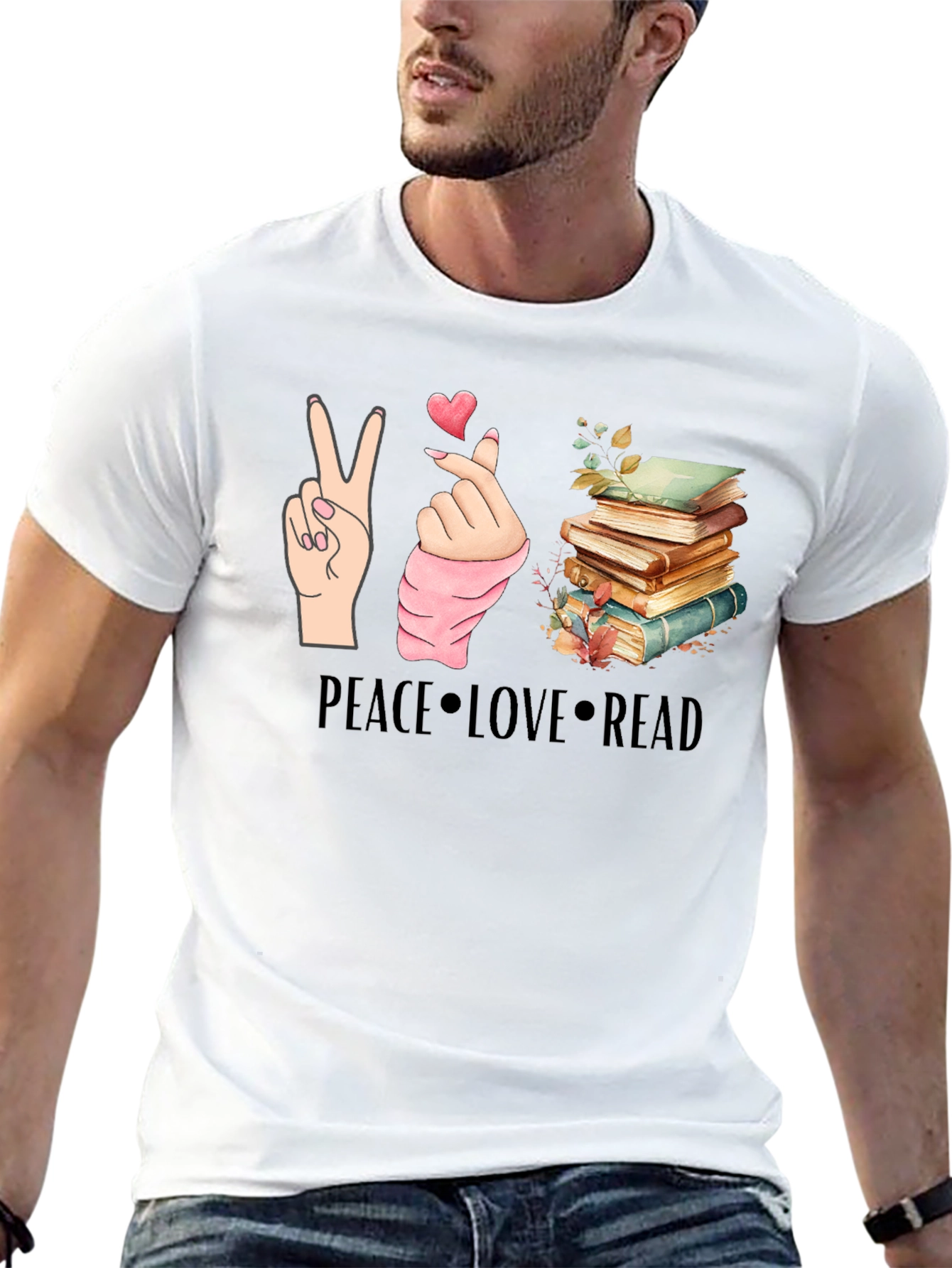 Camiseta Negra con Diseño de Paz Amor y Lectura