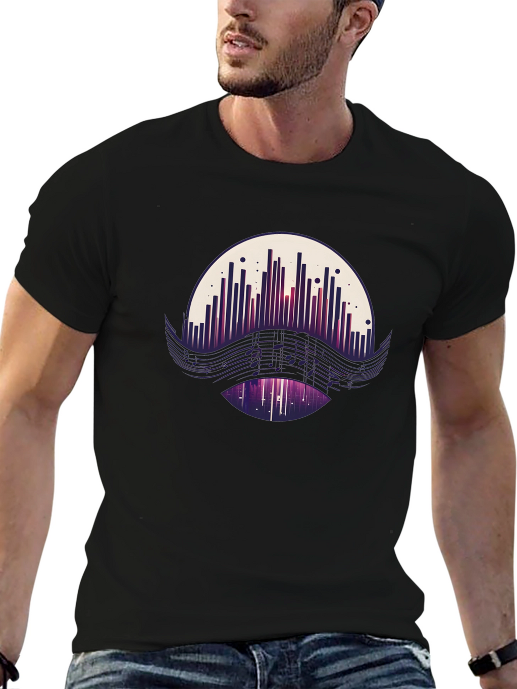 Camiseta Negra con Diseño Abstracto Musical
