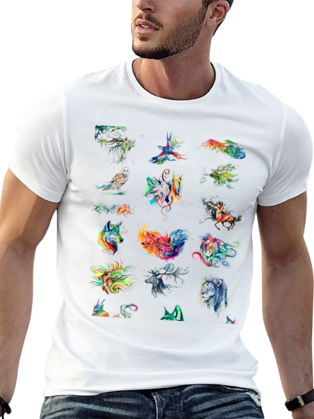 Camiseta Negra con Diseño de Animales Abstractos