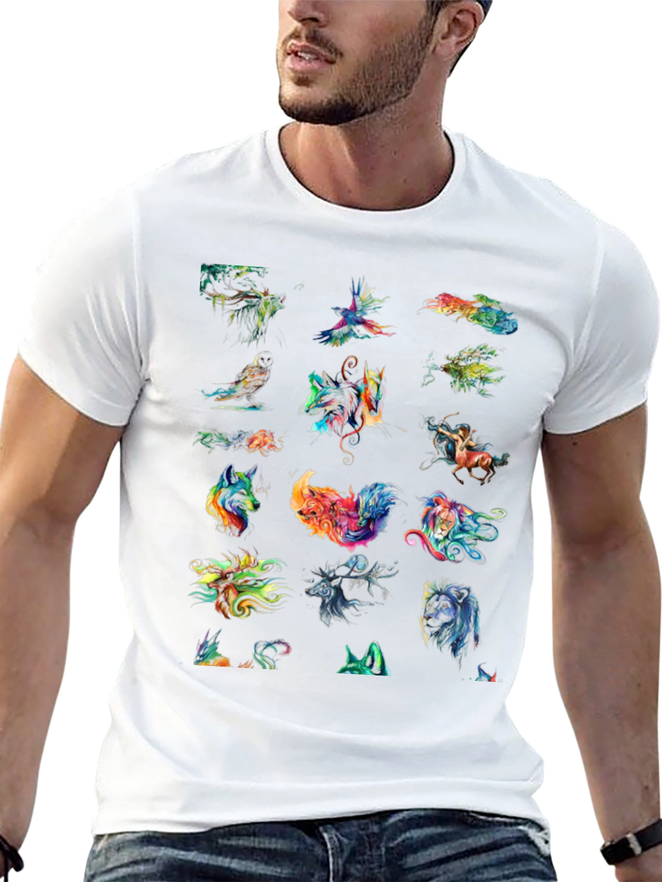 Camiseta Negra con Diseño de Animales Abstractos