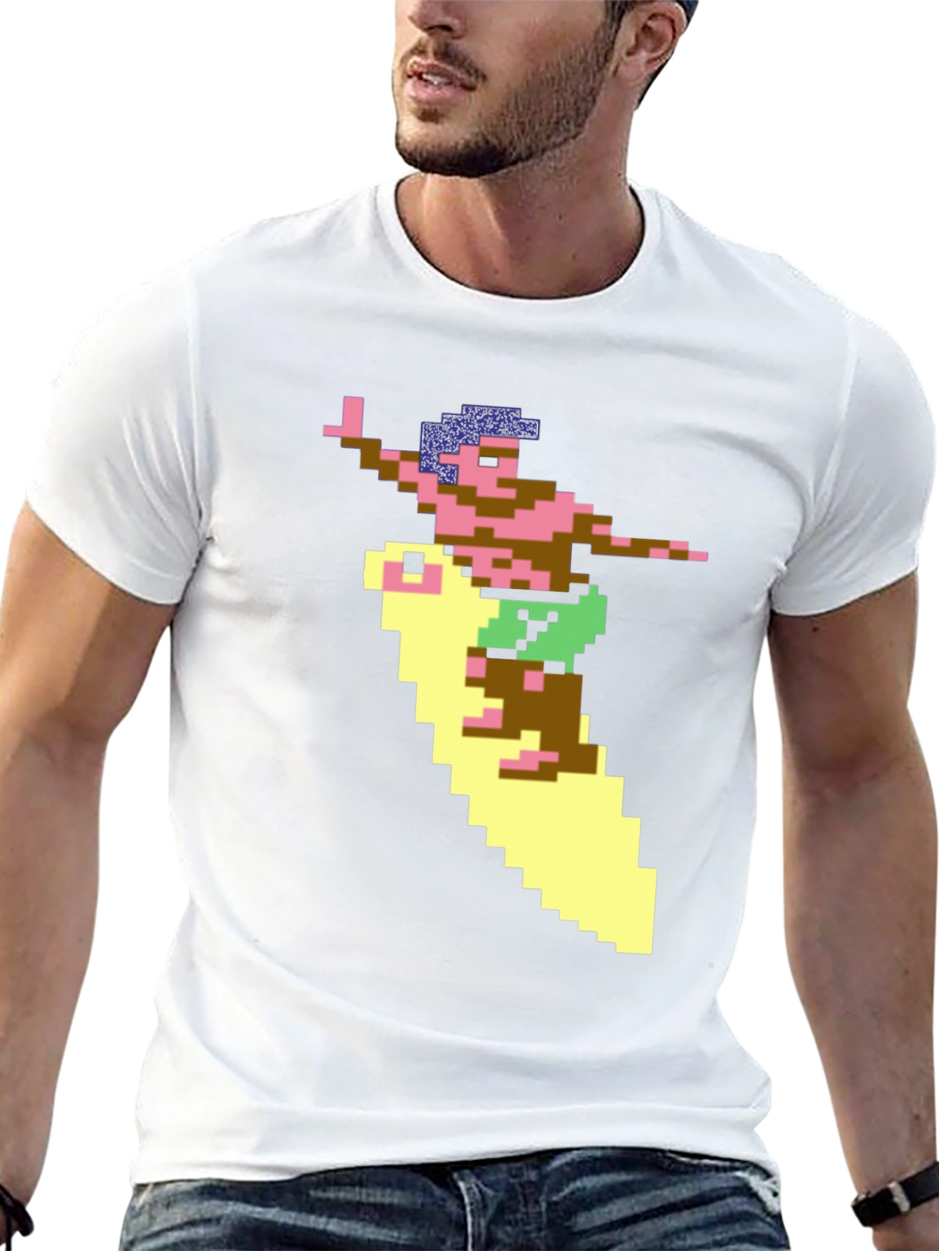 Camiseta Hombre Diseño Surfista Retro Pixelado