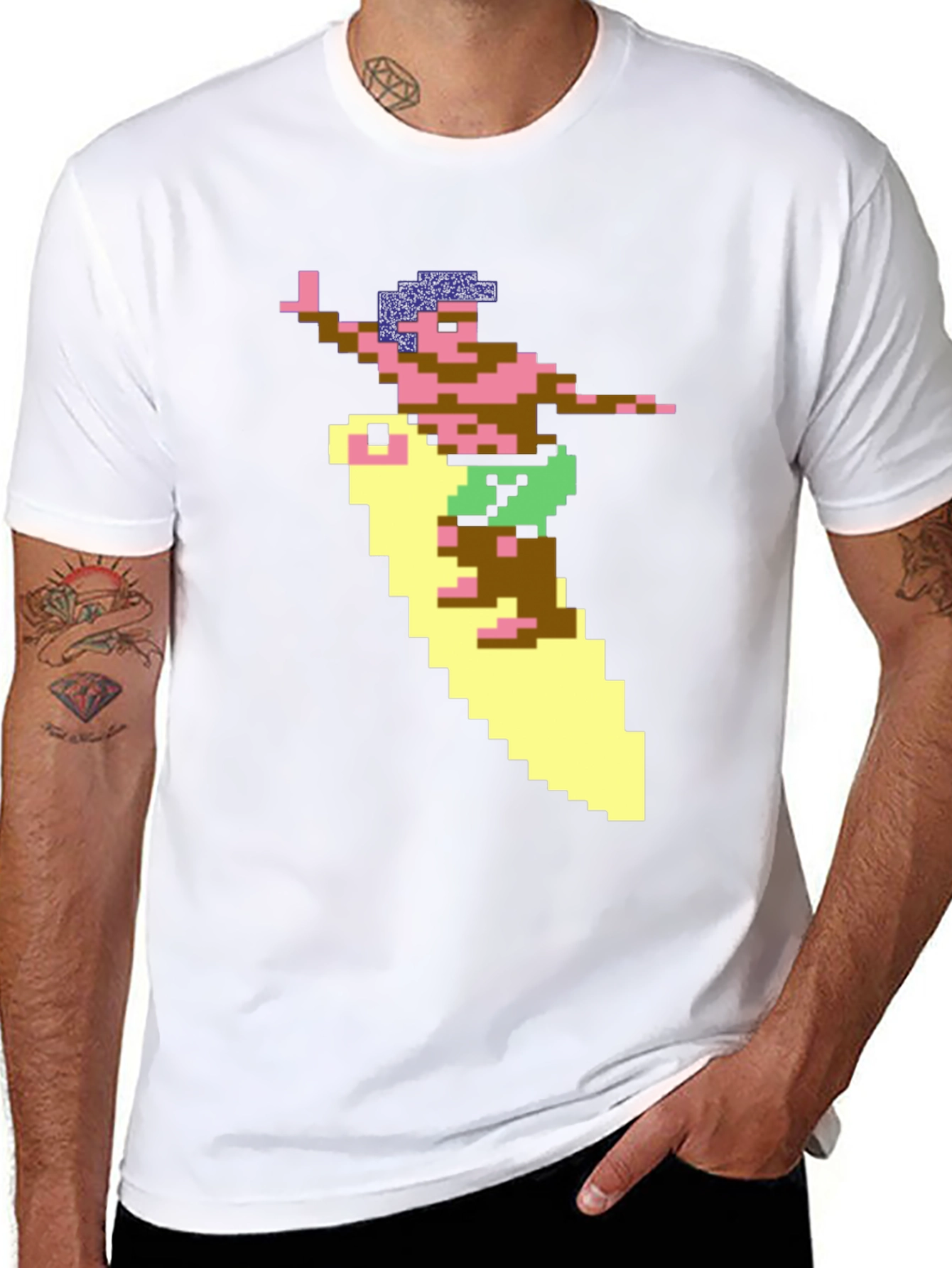 Camiseta Hombre Diseño Surfista Retro Pixelado