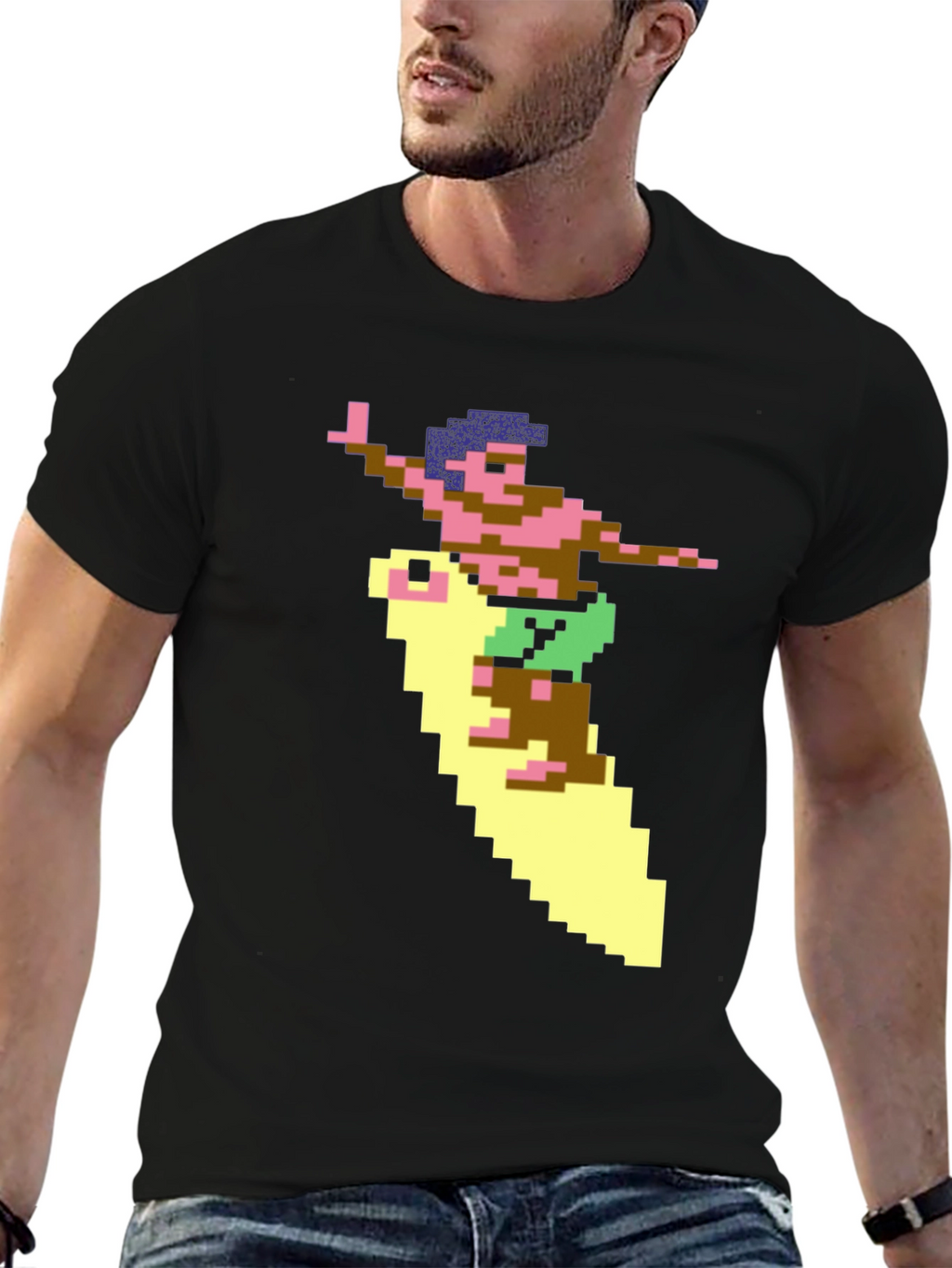 Camiseta Hombre Diseño Surfista Retro Pixelado