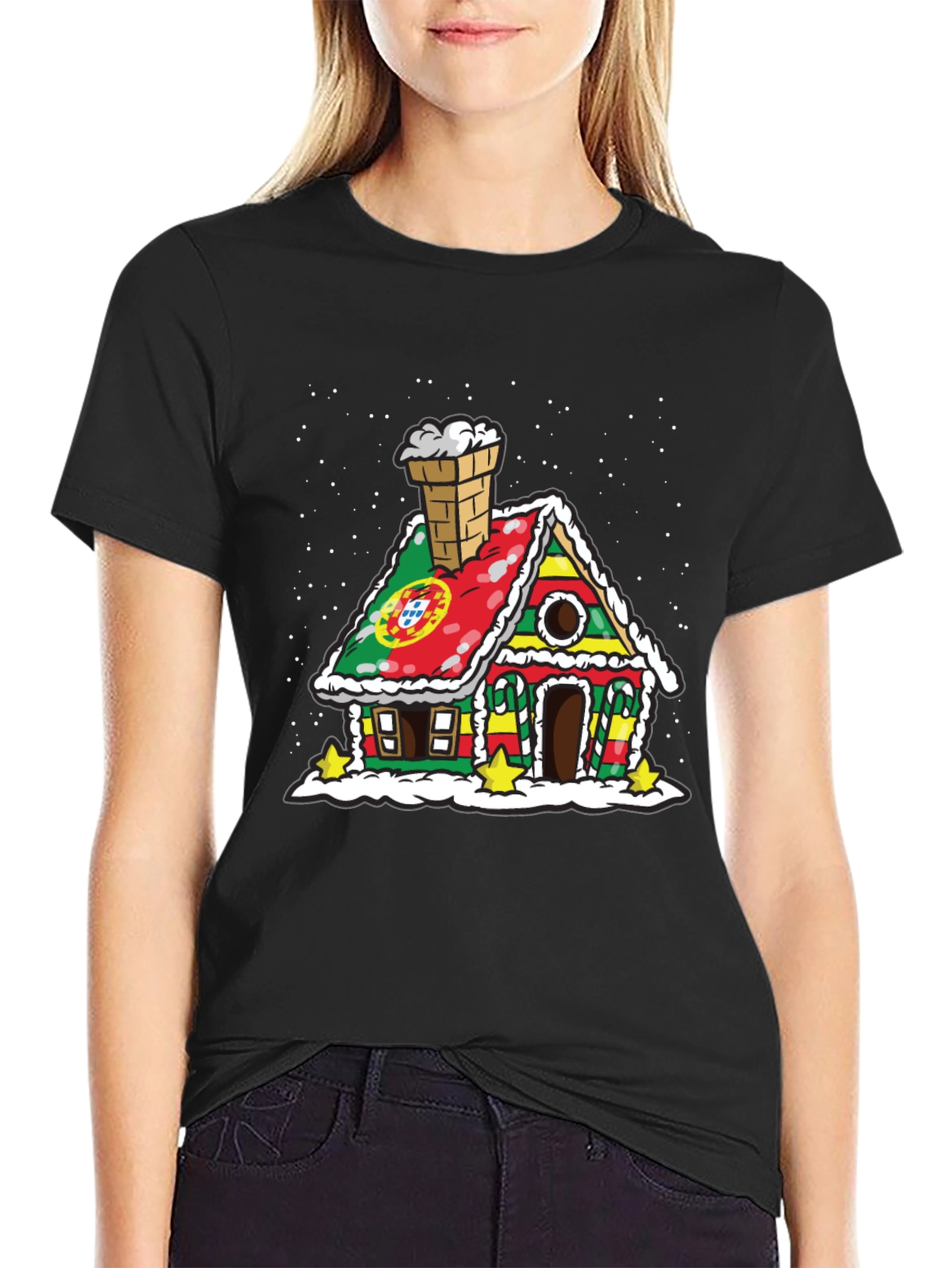 Camiseta Negra Casa de Pan de Jengibre Portugal Navidad