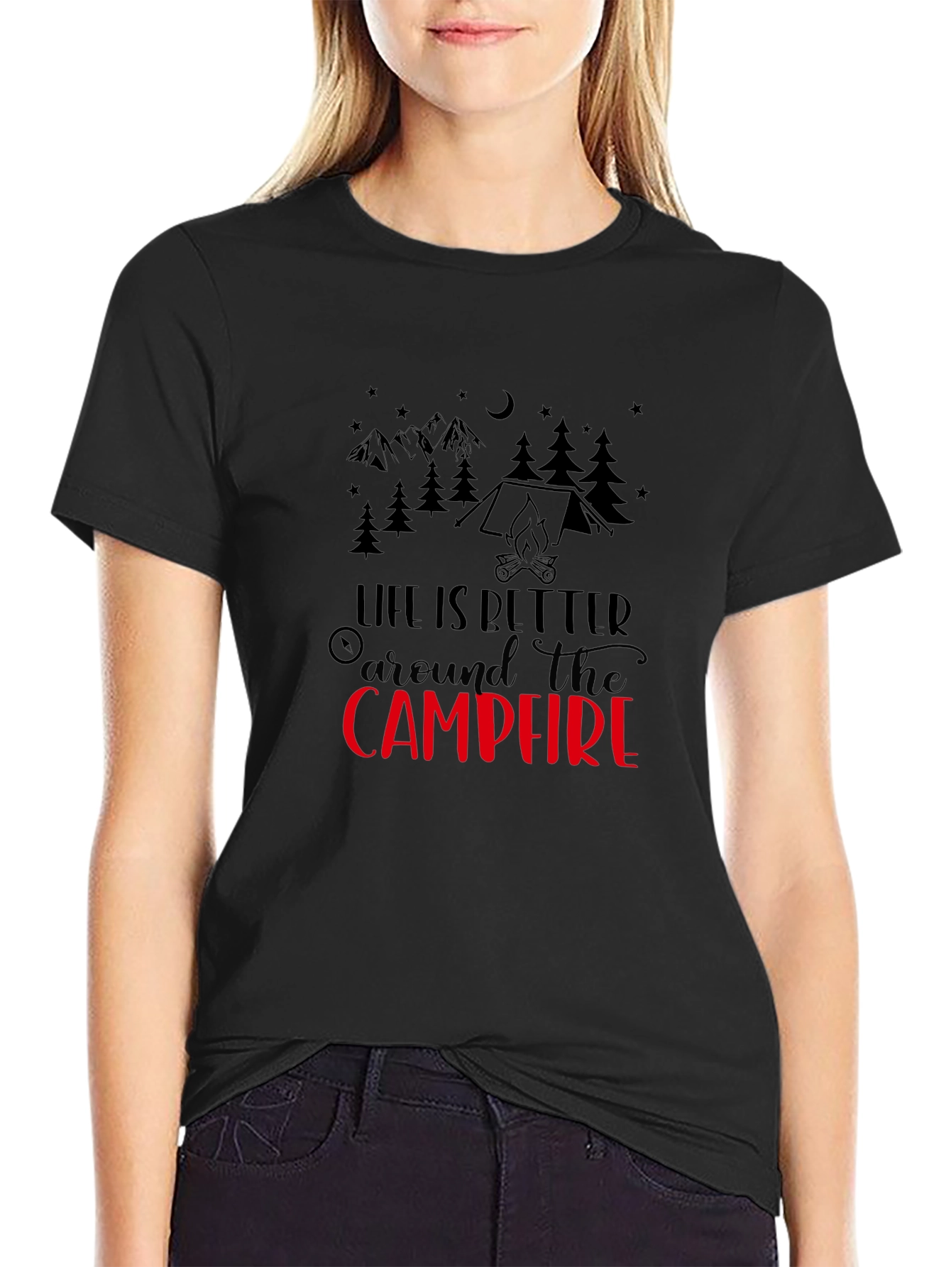 Camiseta Negra con Diseño de Camping Campfire