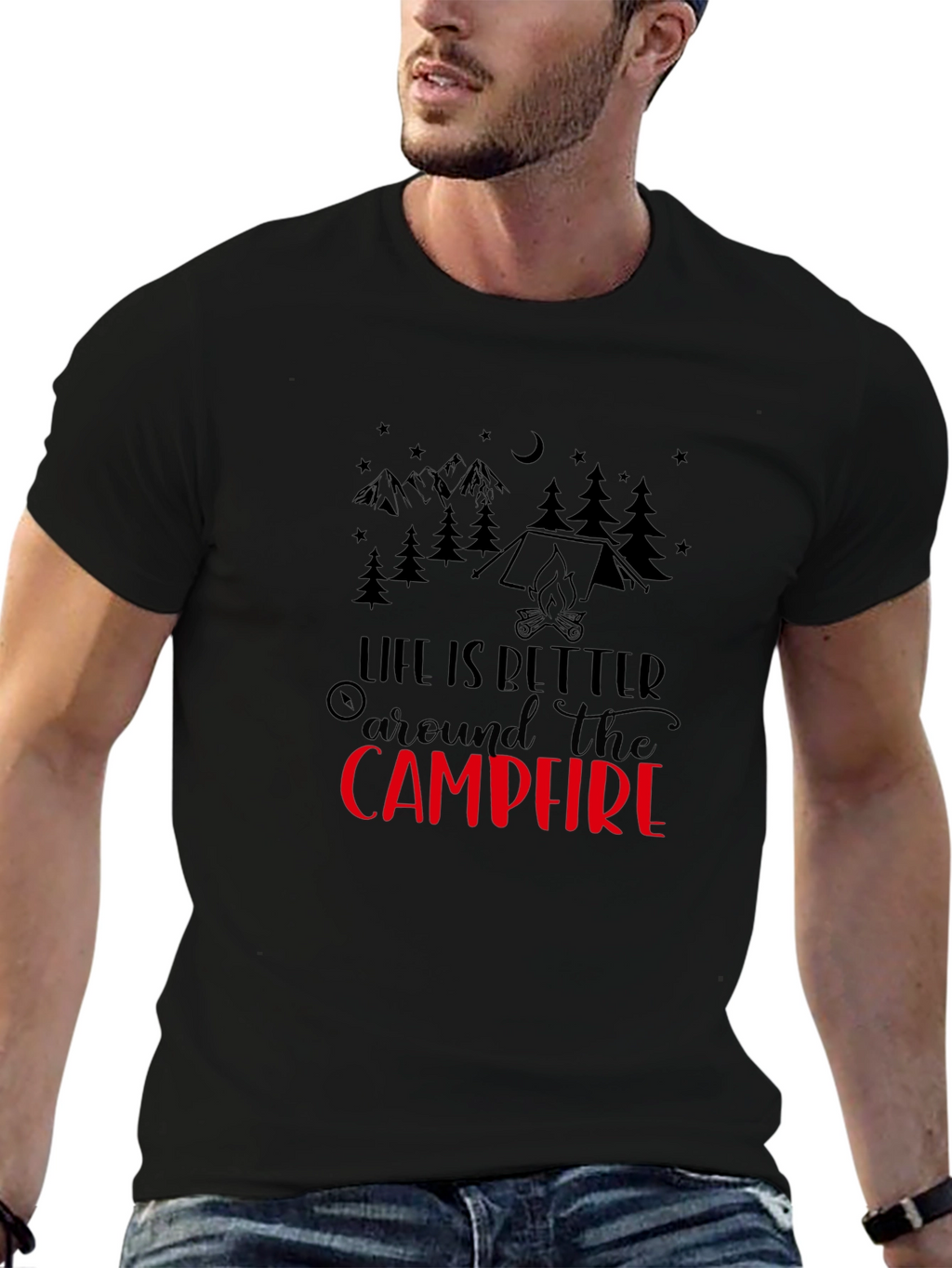 Camiseta Negra con Diseño de Camping Campfire