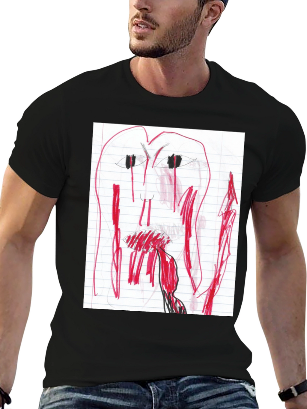 Camiseta Negra con Dibujo Abstracto Rojo