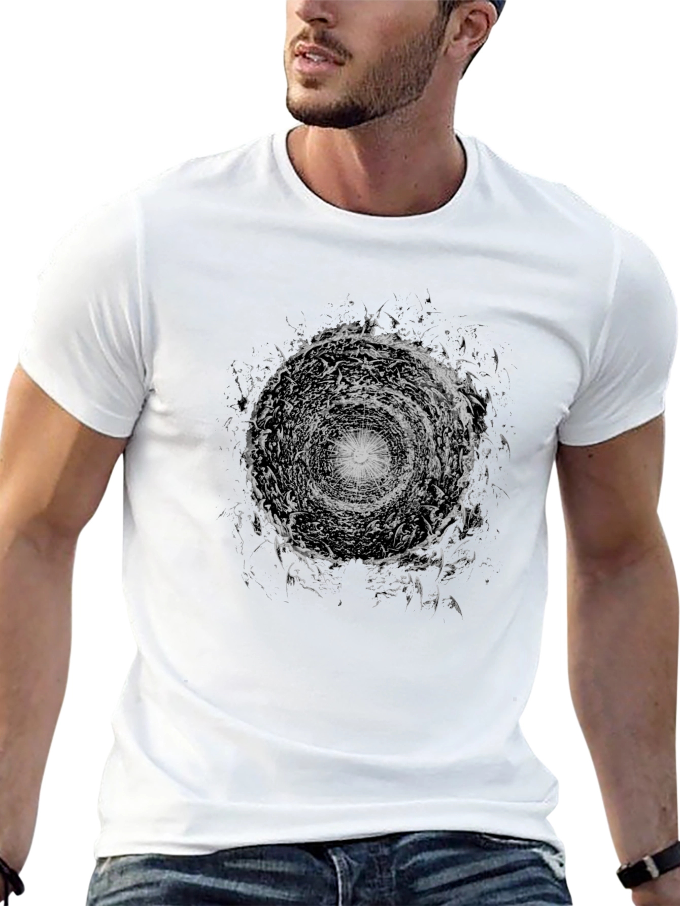 Camiseta Negra con Diseño Abstracto Circular