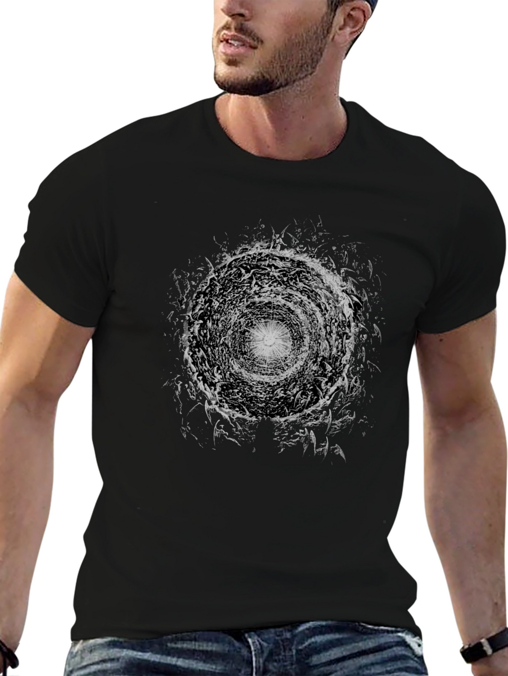 Camiseta Negra con Diseño Abstracto Circular