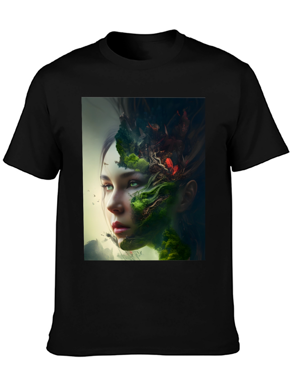 Camiseta Negra con Diseño Artístico de Naturaleza