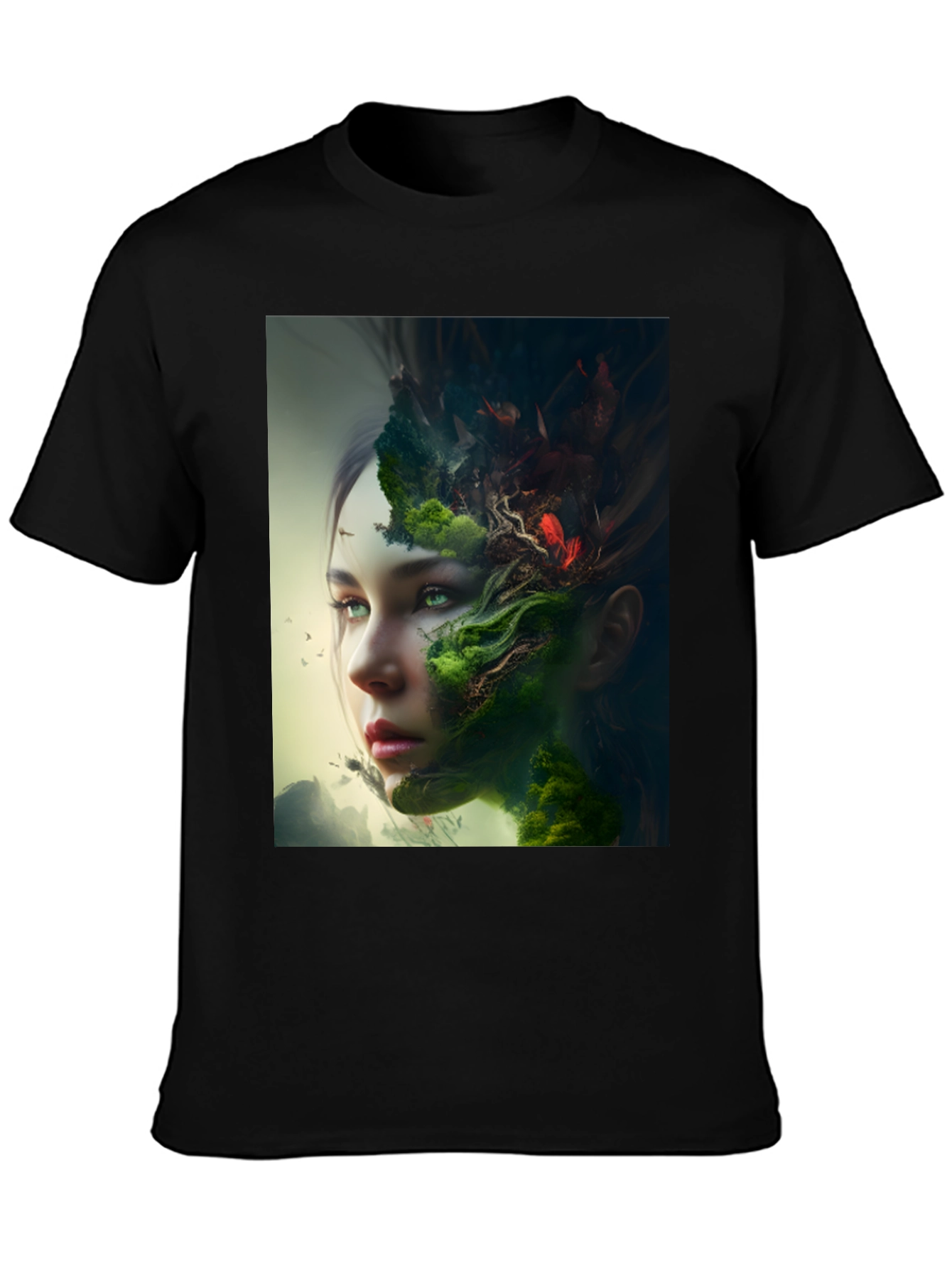 Camiseta Negra con Diseño Artístico de Naturaleza
