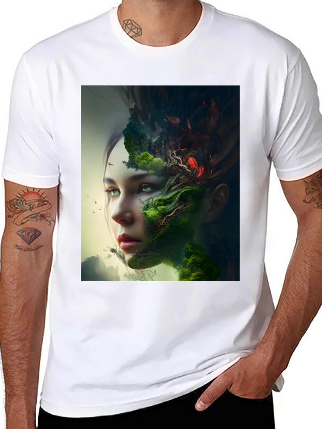 Camiseta Negra con Diseño Artístico de Naturaleza