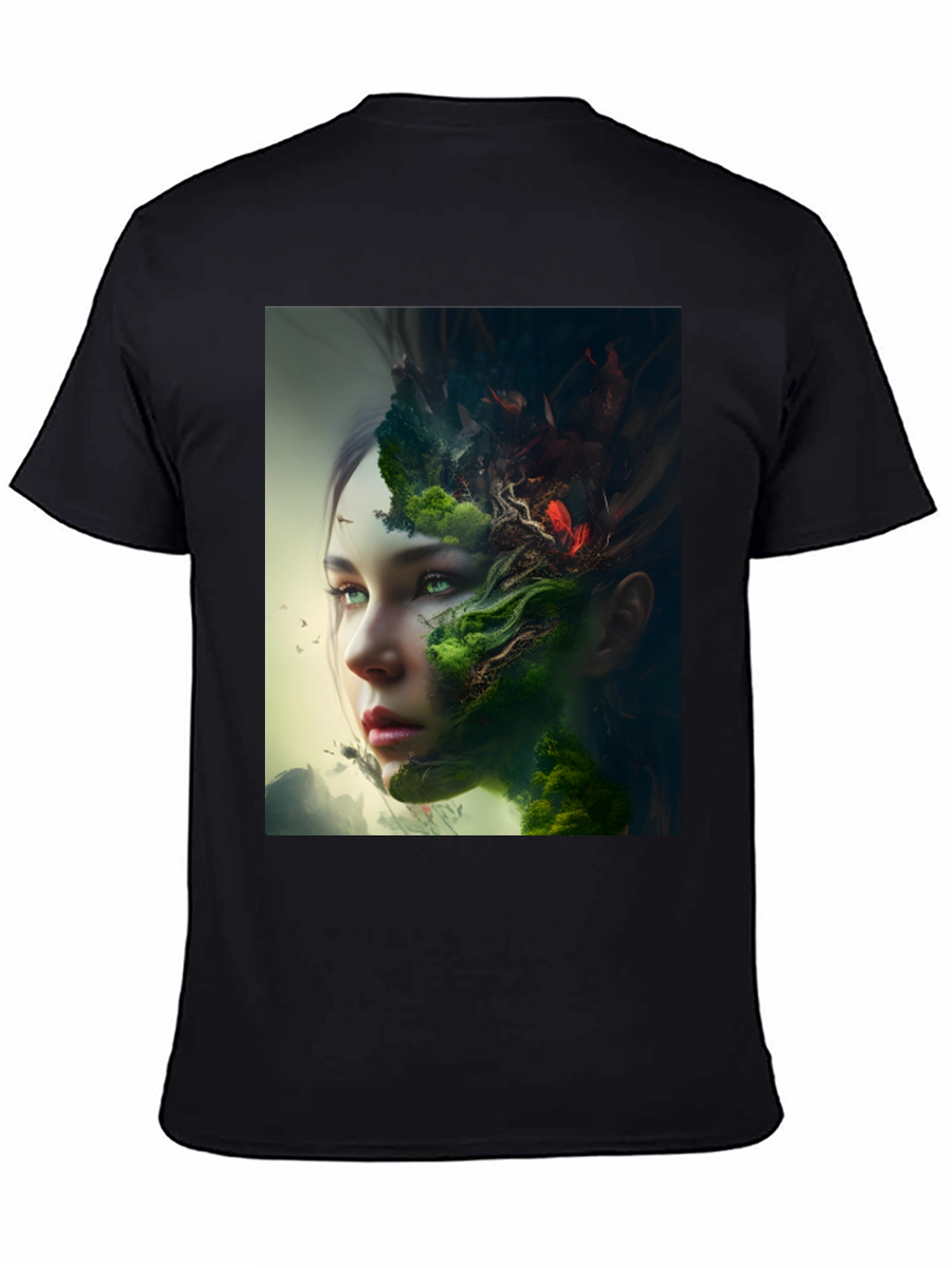 Camiseta Negra con Diseño Artístico de Naturaleza