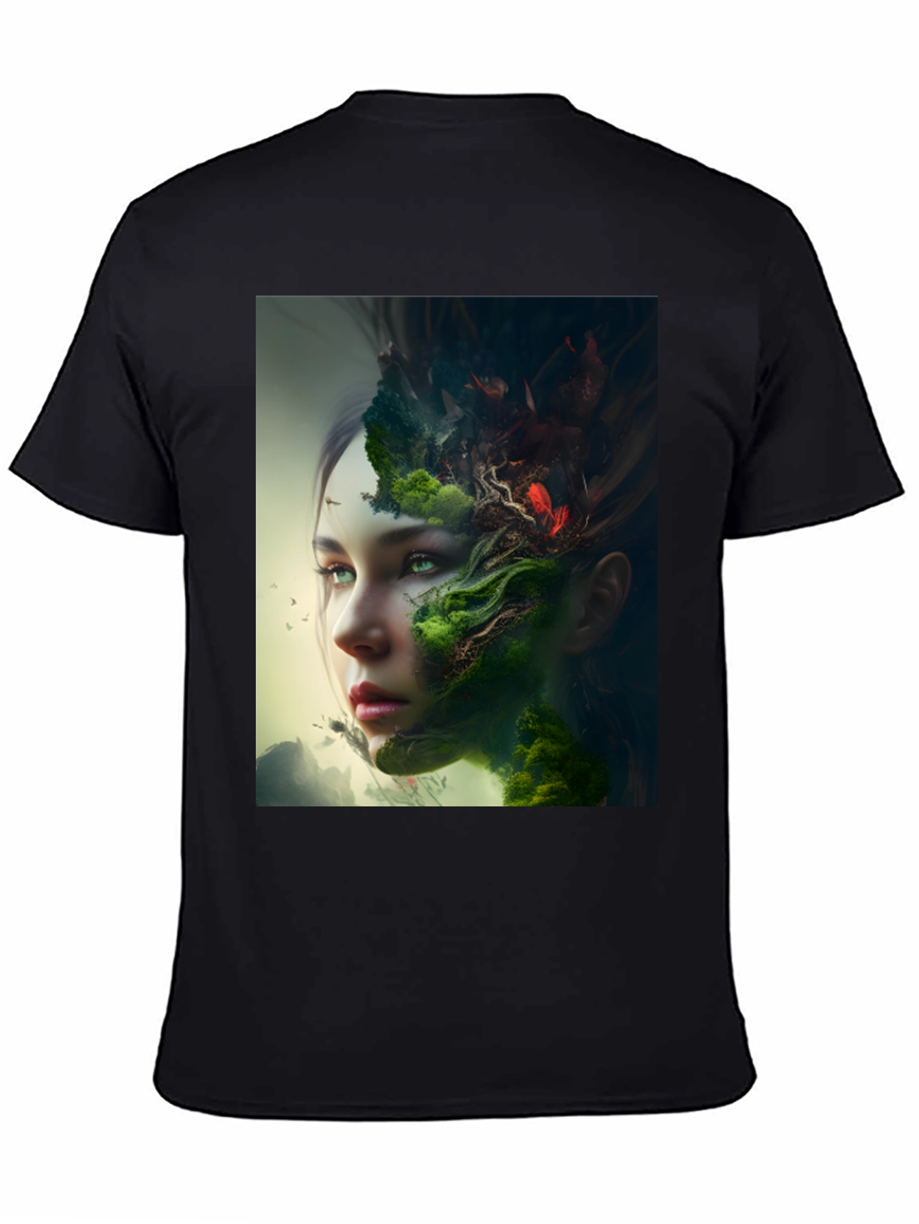 Camiseta Negra con Diseño Artístico de Naturaleza