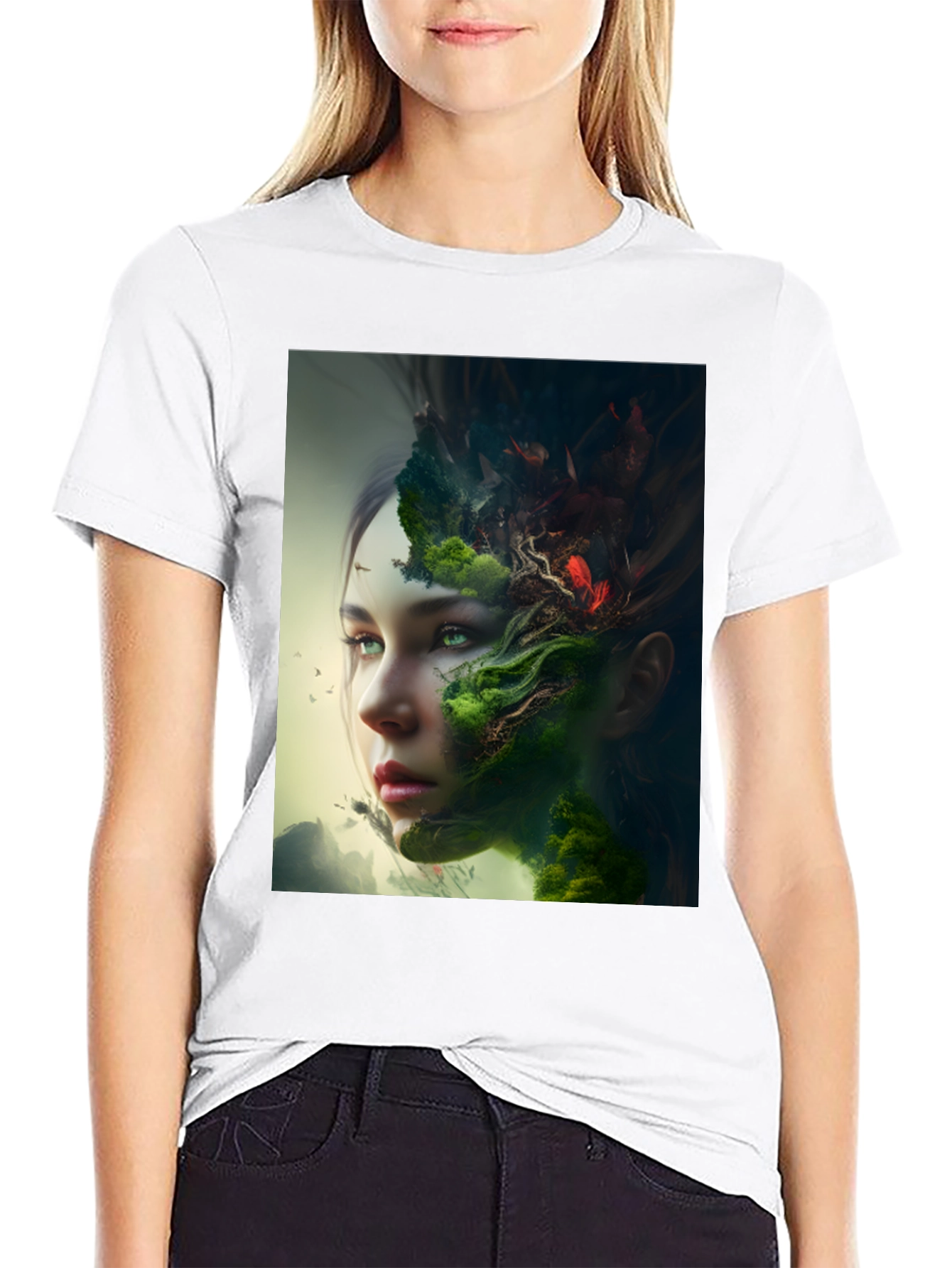 Camiseta Negra con Diseño Artístico de Naturaleza