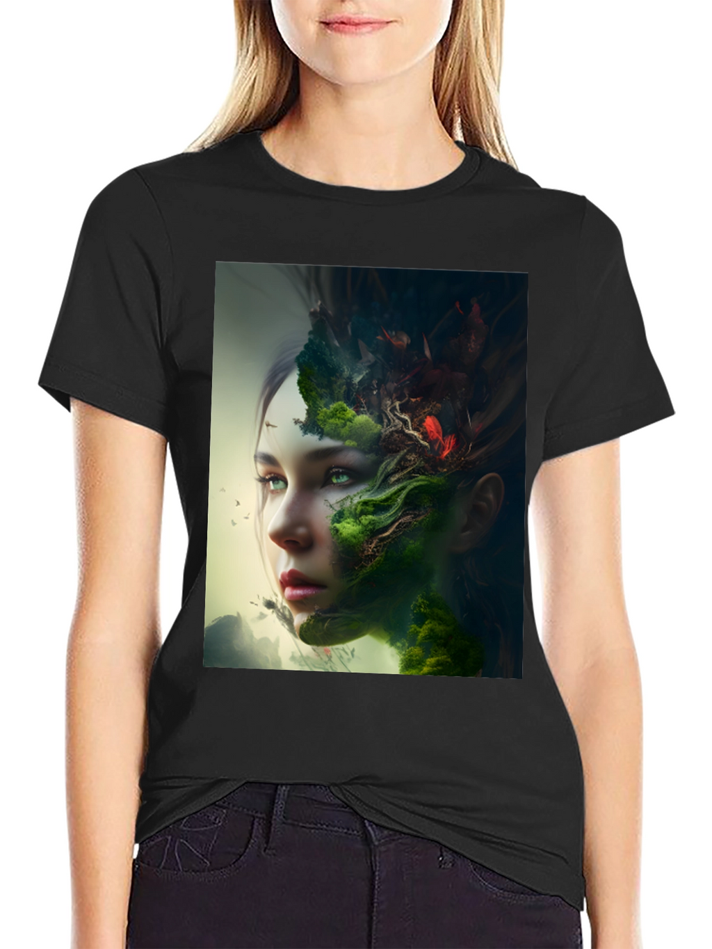 Camiseta Negra con Diseño Artístico de Naturaleza