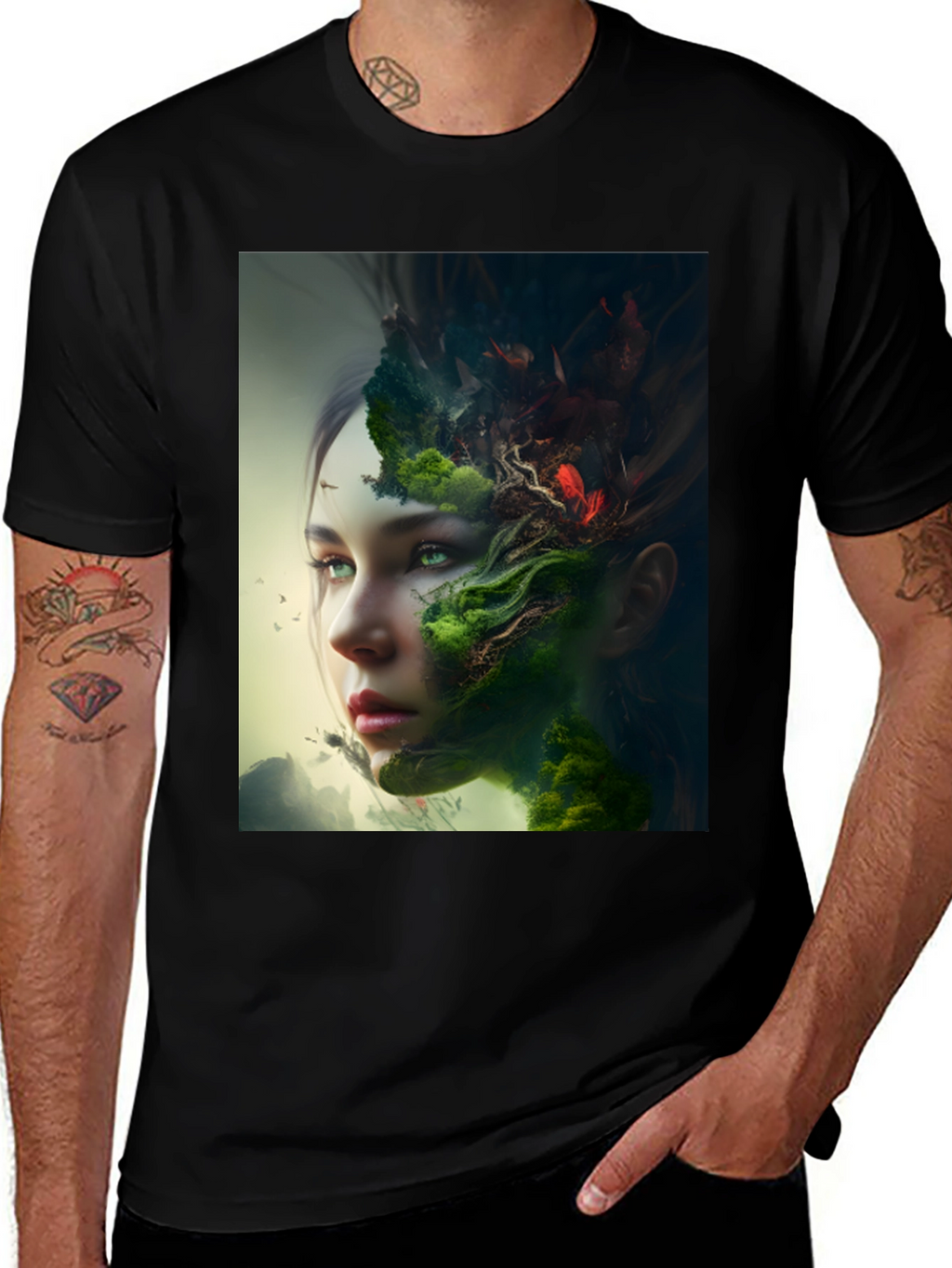 Camiseta Negra con Diseño Artístico de Naturaleza