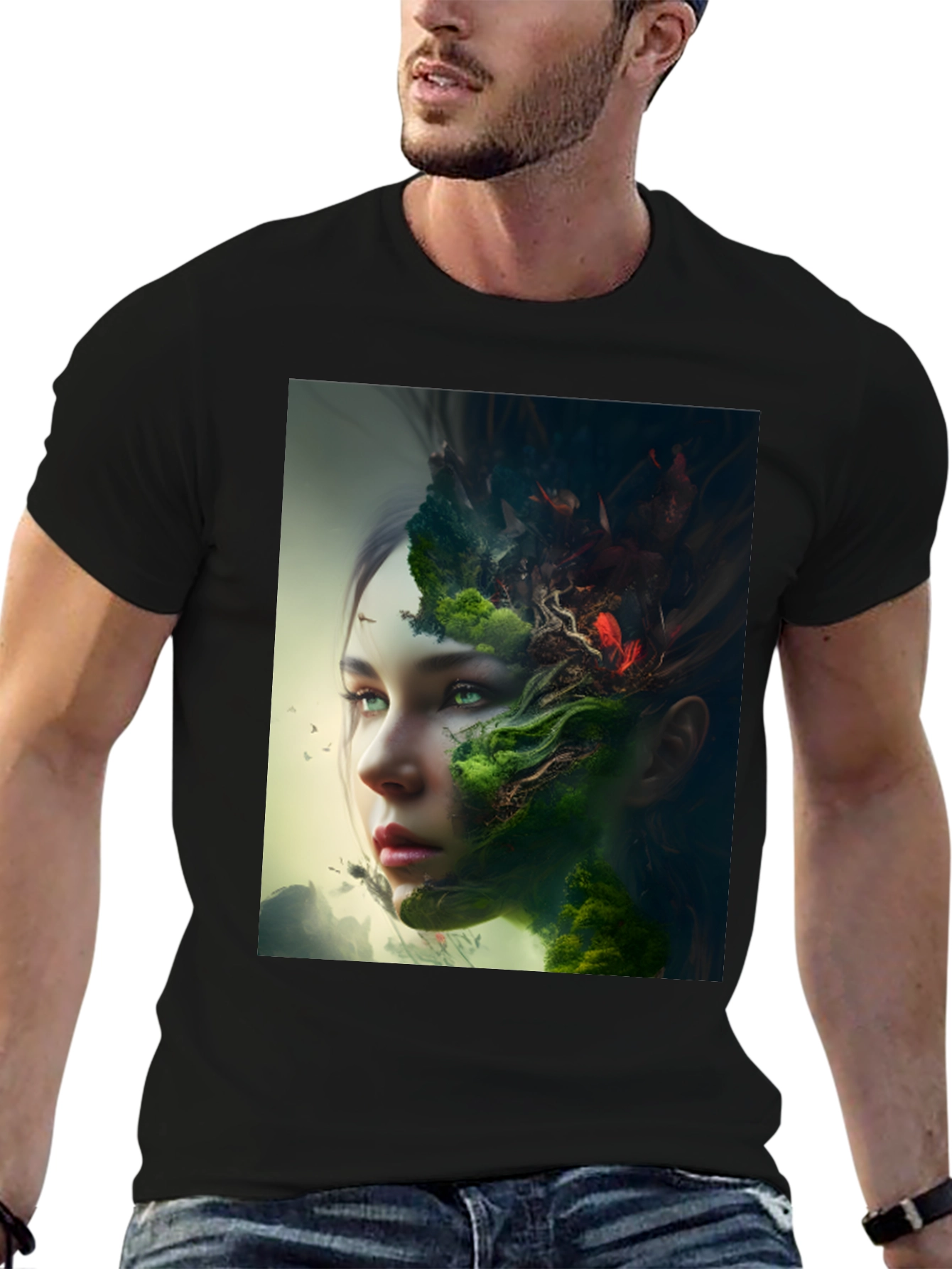 Camiseta Negra con Diseño Artístico de Naturaleza